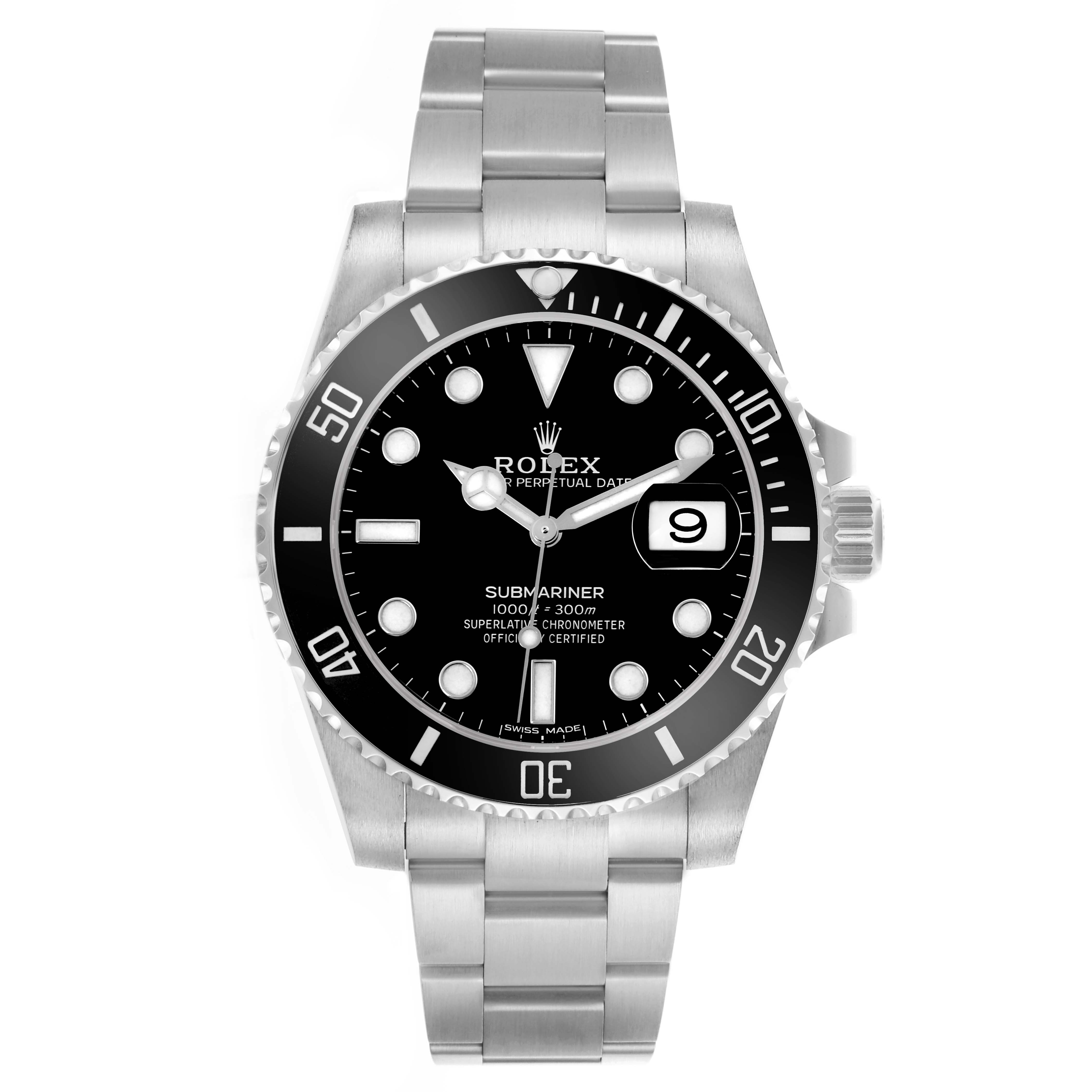 The Rolex Submariner 116610LN Men's Stainless Steel Black Dial 116610LN Men's Stainless Steel Black Dial watch is shown from a front angle, highlighting the dial, bezel, crown, and bracelet.