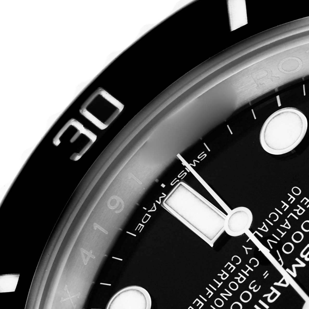This close-up image of the Rolex Submariner 116610LN Men's Stainless Steel Black Dial 116610LN Men's Stainless Steel Black Dial shows part of the watch dial and bezel, focusing on the marker at "30".