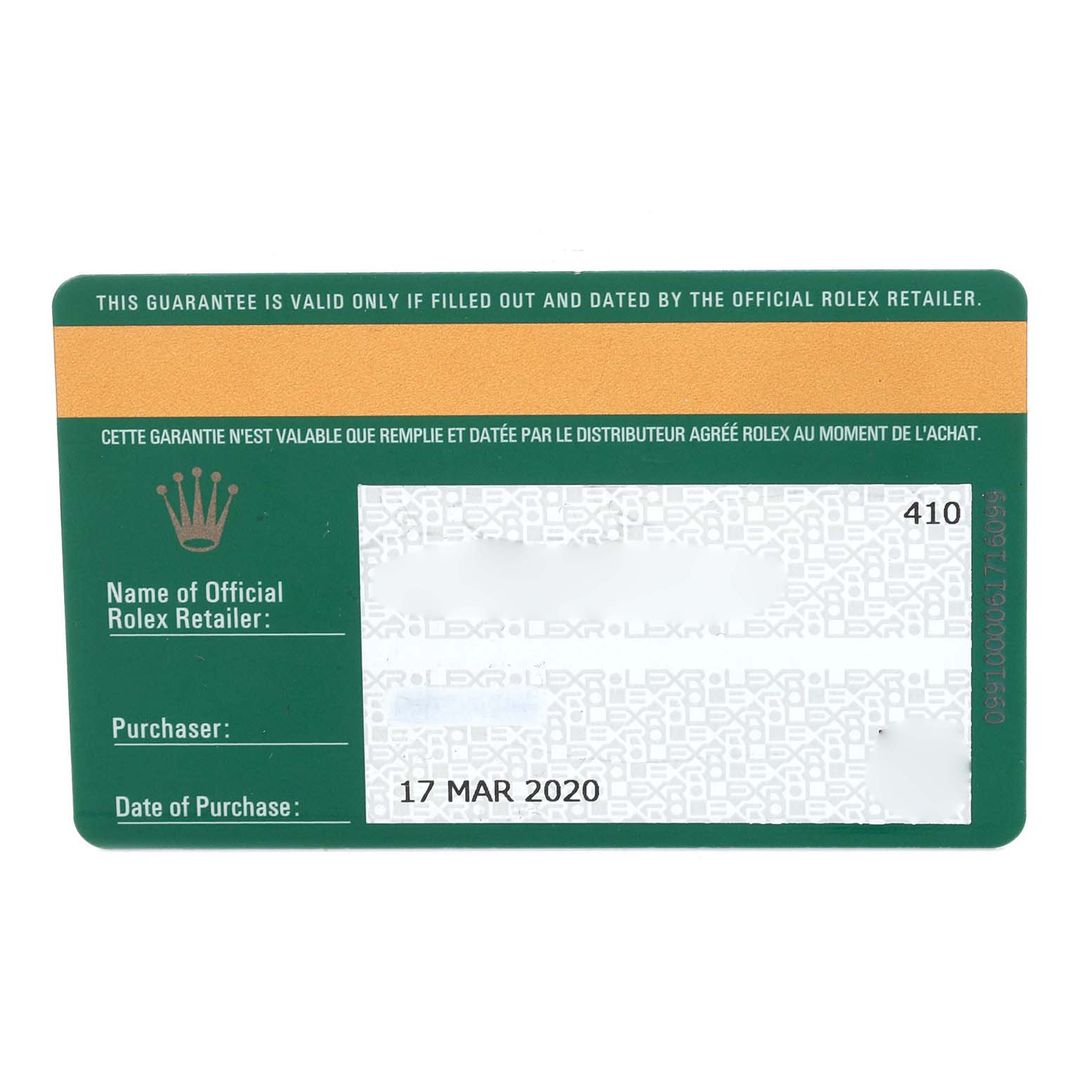 The image shows a warranty card for a Rolex Submariner 116610LN Men's Stainless Steel Black Dial 116610LN Men's Stainless Steel Black Dial watch, displaying purchase information.