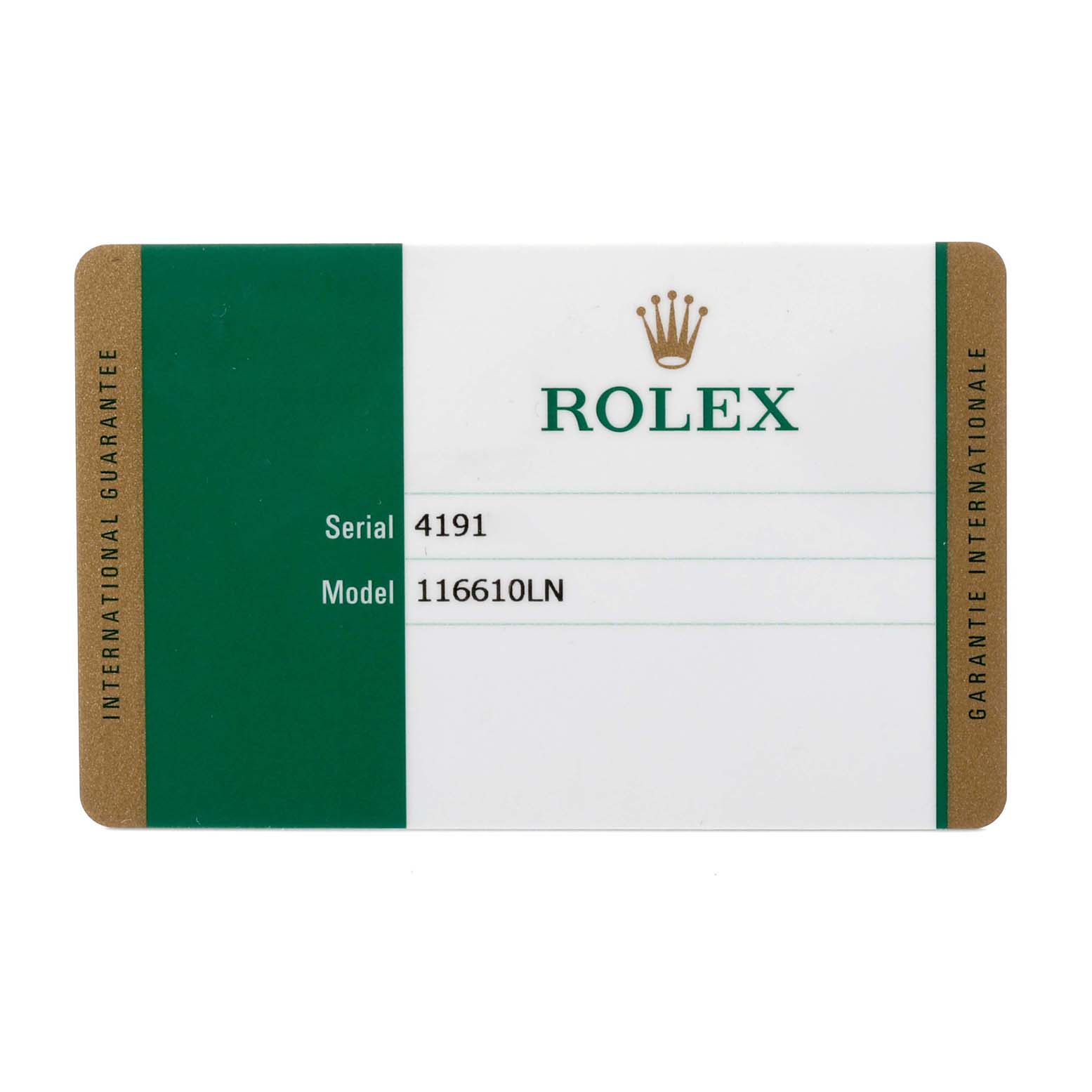 This image shows the Rolex Submariner 116610LN Men's Stainless Steel Black Dial 116610LN Men's Stainless Steel Black Dial International Guarantee card with the model number 116610LN.