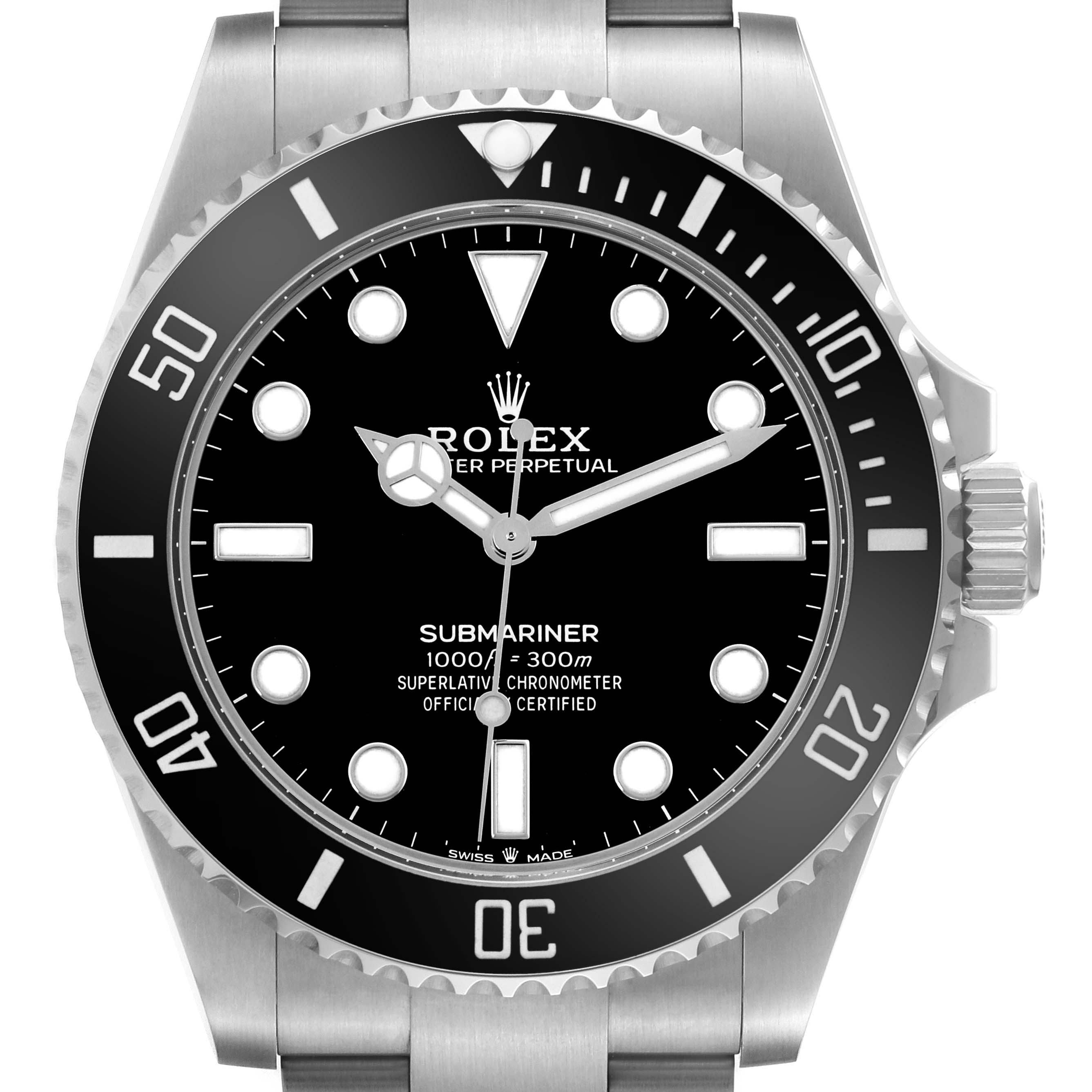 The image shows a front view of the Rolex Submariner 124060 Men's Stainless Steel Black Dial 124060 Men's Stainless Steel Black Dial, highlighting the dial, bezel, hands, and crown.