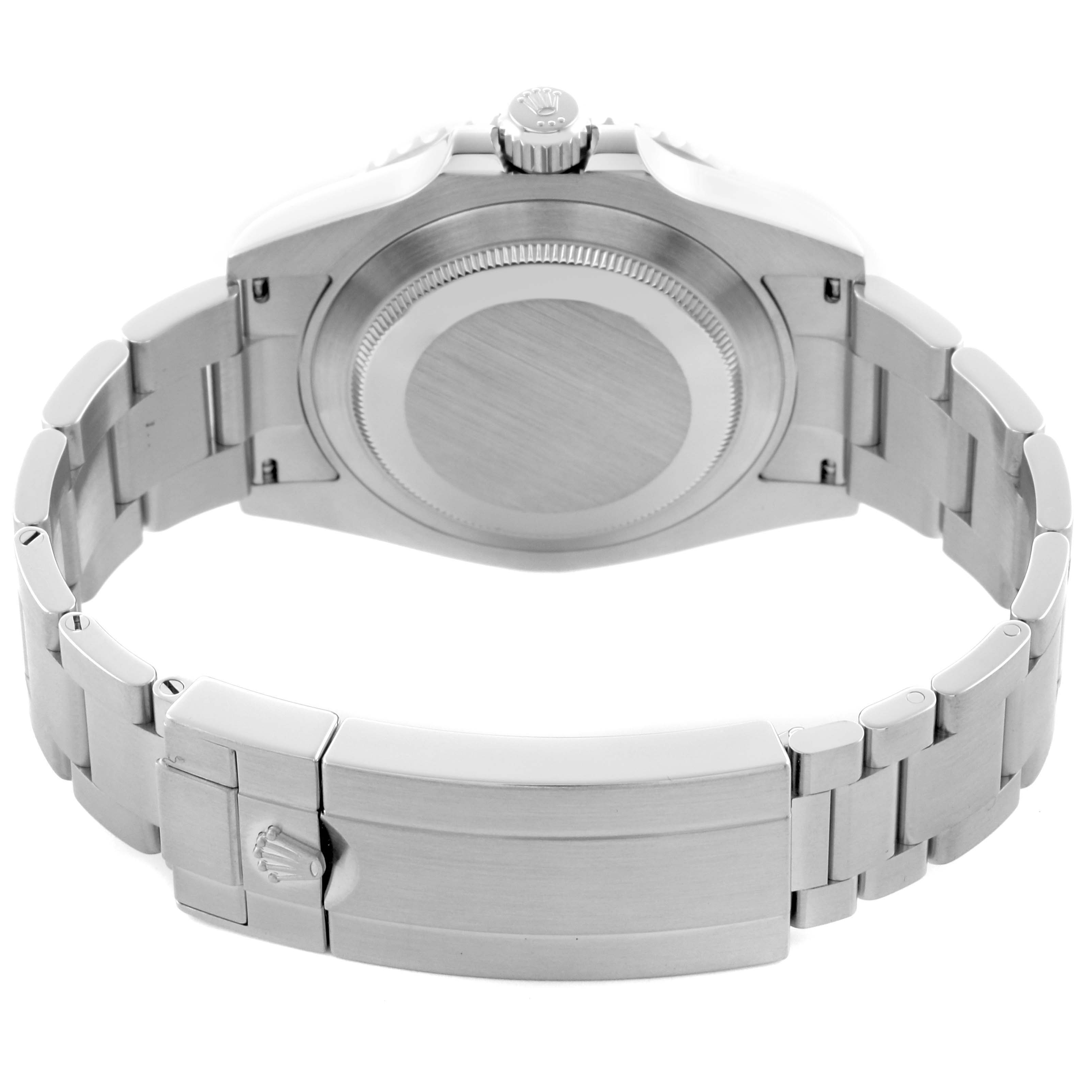 The image shows the back view of a Rolex Submariner 124060 Men's Stainless Steel Black Dial 124060 Men's Stainless Steel Black Dial, highlighting the case back, bracelet, and clasp.