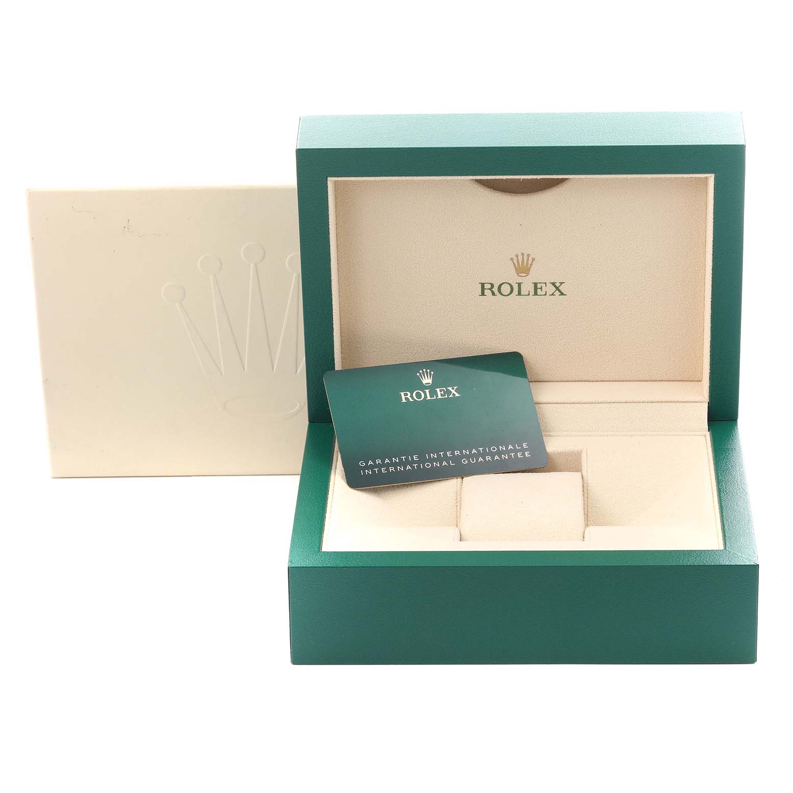 The image shows a Rolex Submariner 124060 Men's Stainless Steel Black Dial 124060 Men's Stainless Steel Black Dial's green box at a slight angle, along with a warranty card and an outer case.