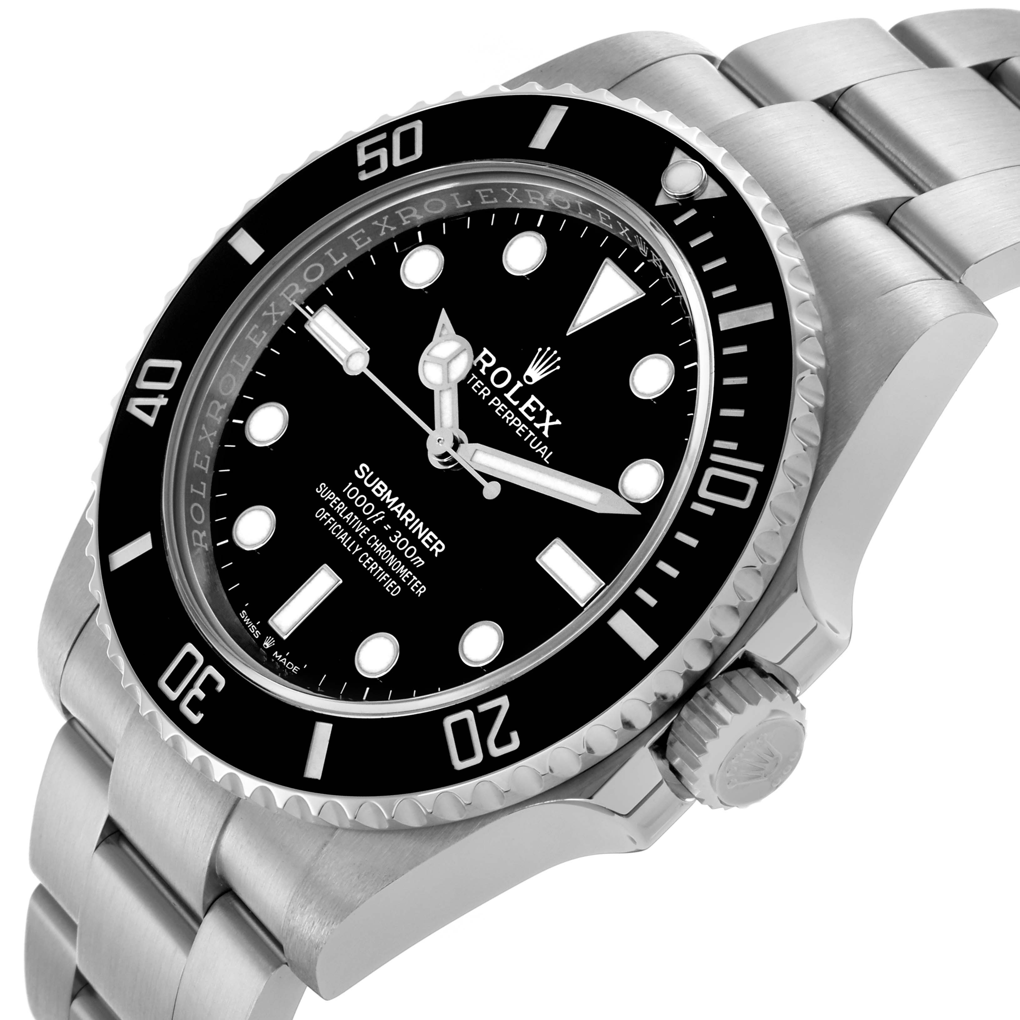 The Rolex Submariner 124060 Men's Stainless Steel Black Dial 124060 Men's Stainless Steel Black Dial is shown at an angle highlighting the face, bezel, crown, and part of the bracelet.