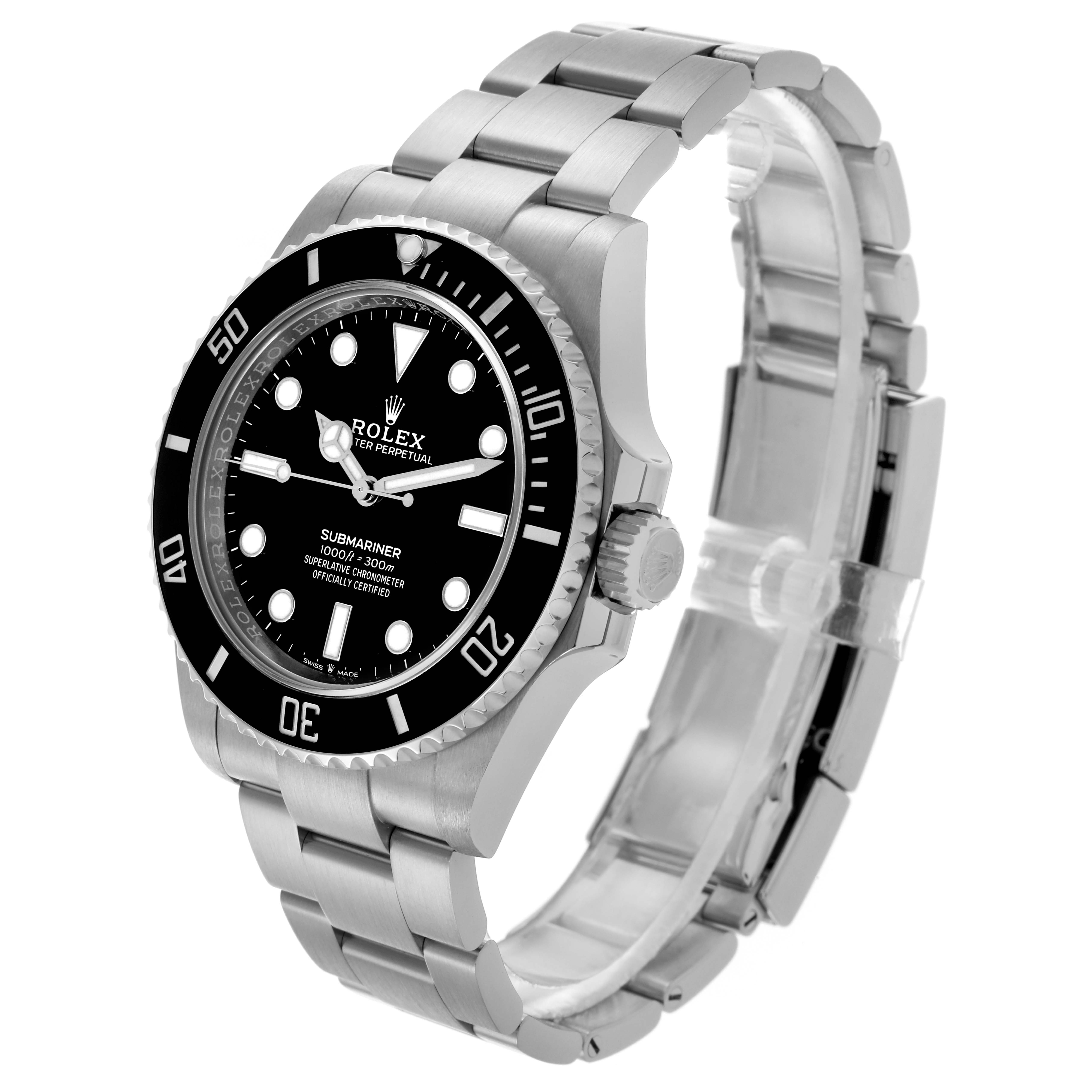 The Rolex Submariner 124060 Men's Stainless Steel Black Dial 124060 Men's Stainless Steel Black Dial watch is shown at a three-quarter angle, highlighting the bezel, dial, case, and bracelet.