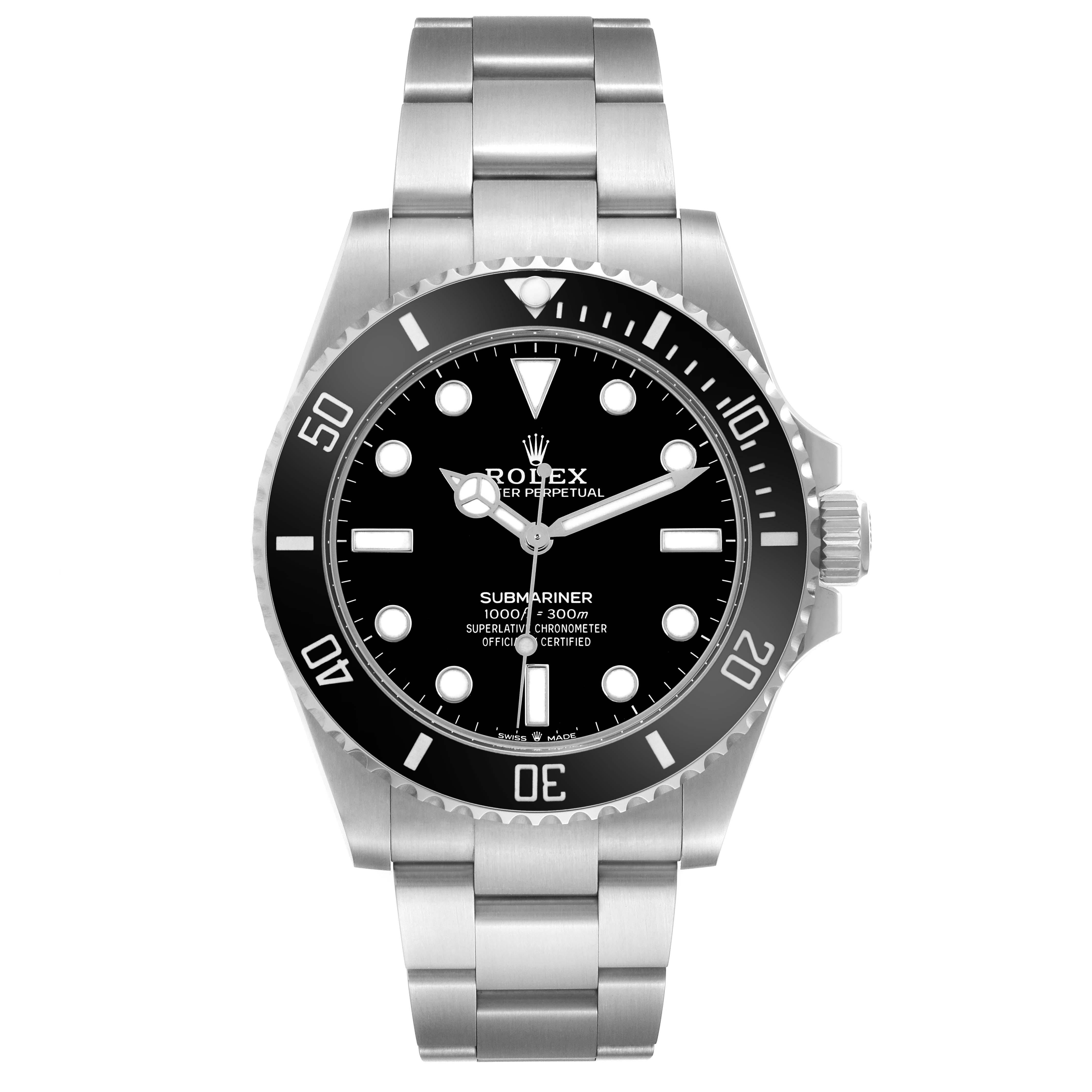 The Rolex Submariner 124060 Men's Stainless Steel Black Dial 124060 Men's Stainless Steel Black Dial watch is shown from a front angle, displaying the dial, bezel, and bracelet.