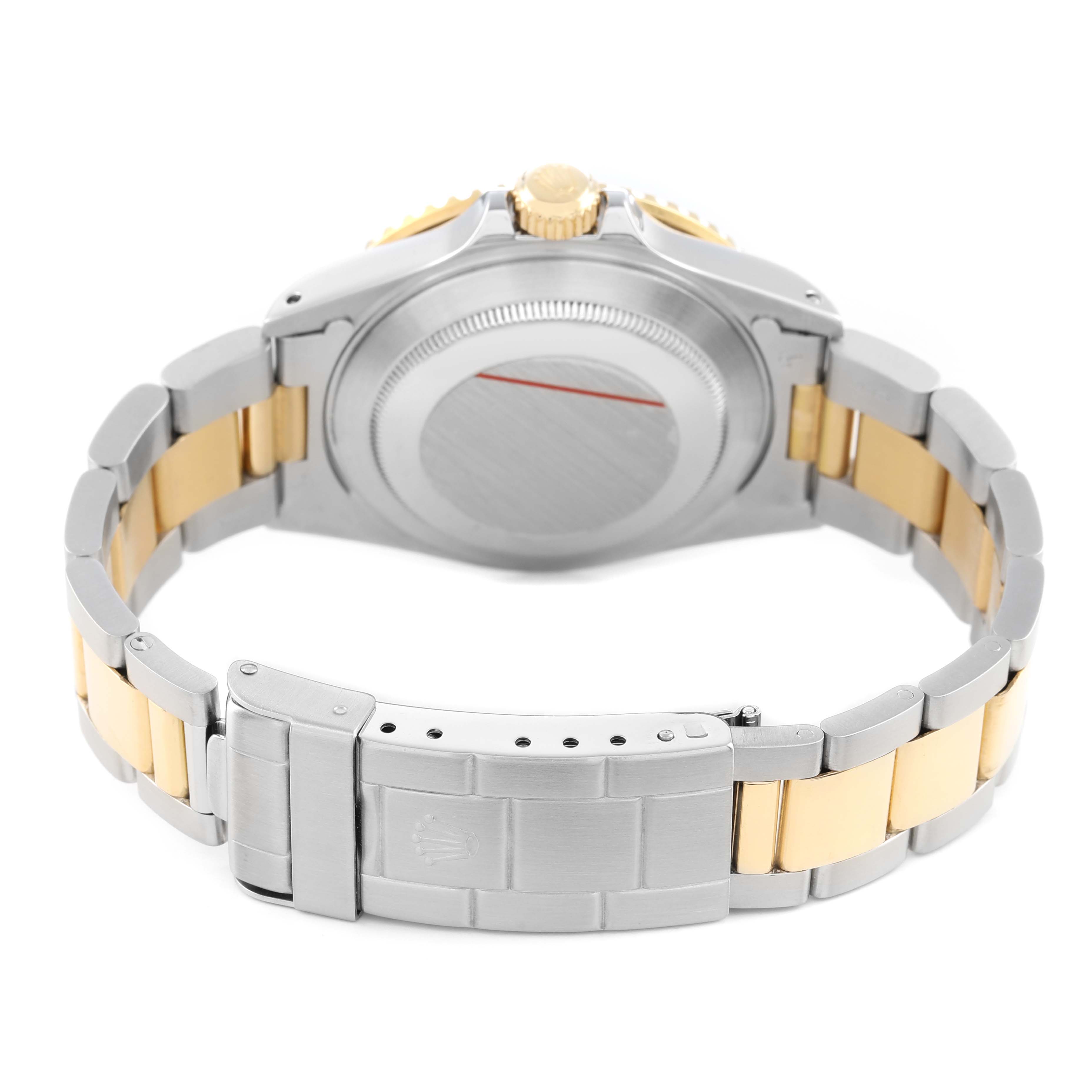 The image shows the back of a Rolex Submariner 16803 Men's Steel and Gold (two tone) Blue Dial, including the case back, clasp, and two-tone bracelet.