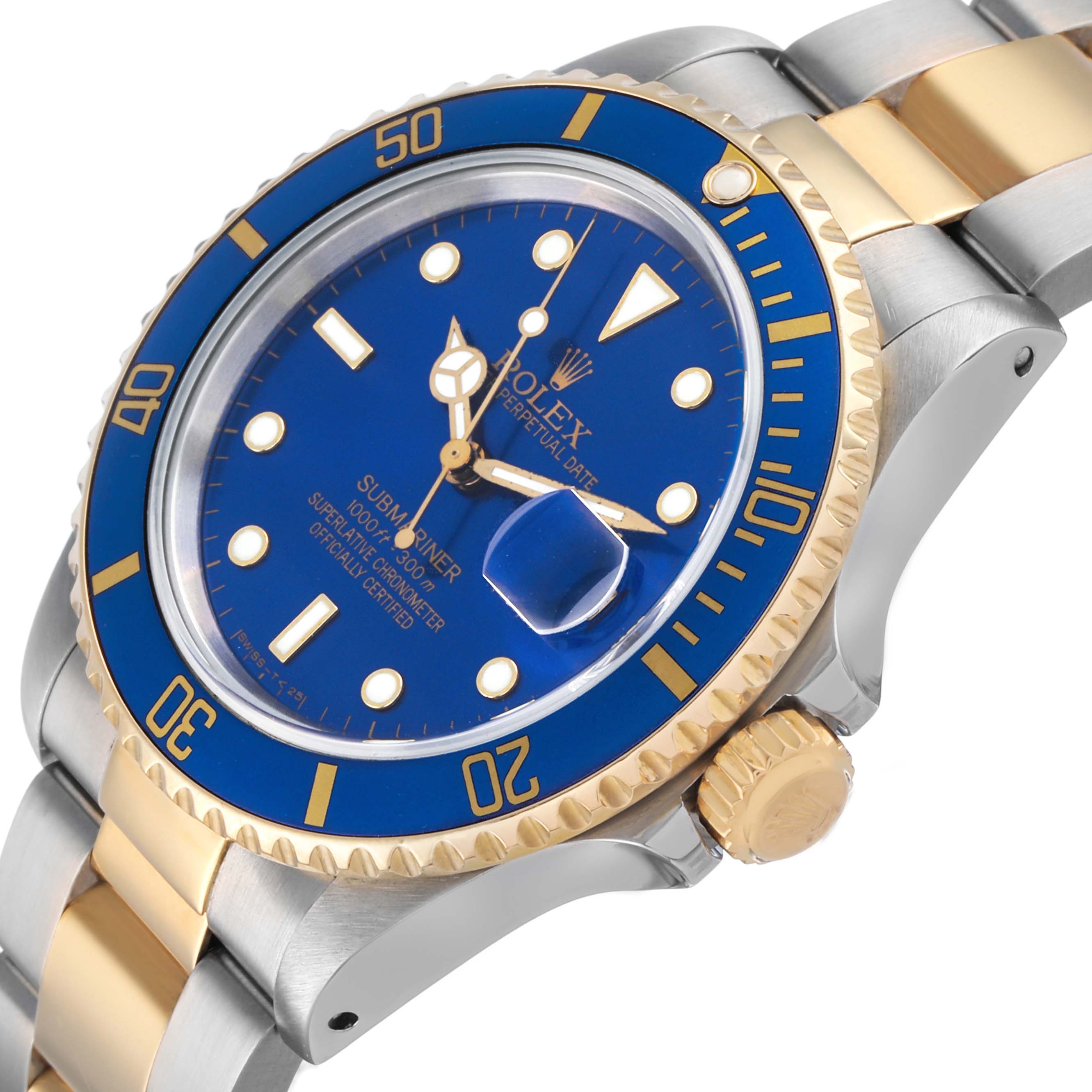 The Rolex Submariner 16803 Men's Steel and Gold (two tone) Blue Dial watch is shown at an angle highlighting its blue dial, gold bezel and crown, and two-tone bracelet.