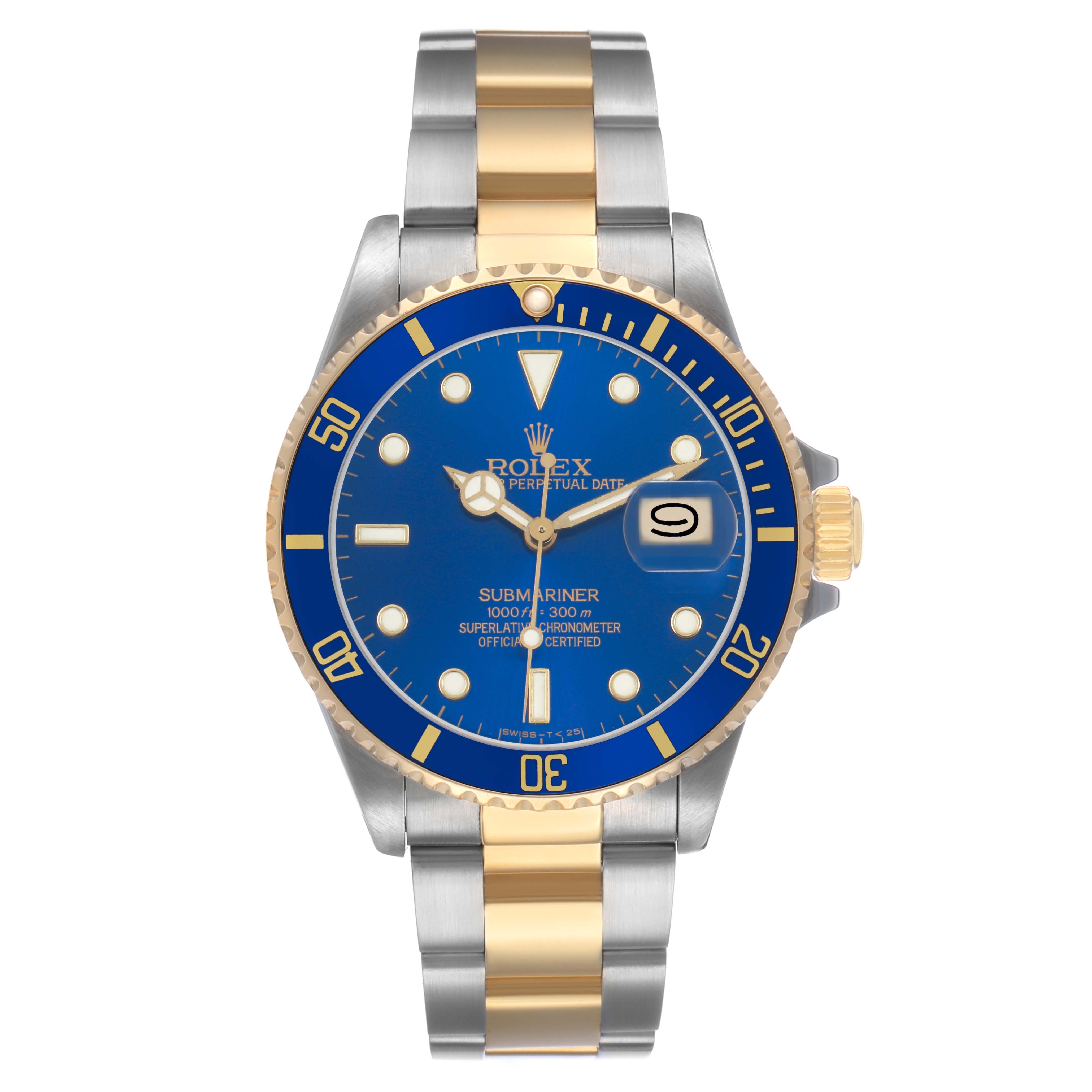 The Rolex Submariner 16803 Men's Steel and Gold (two tone) Blue Dial watch is shown from a front angle, highlighting the face, bezel, and two-tone bracelet.