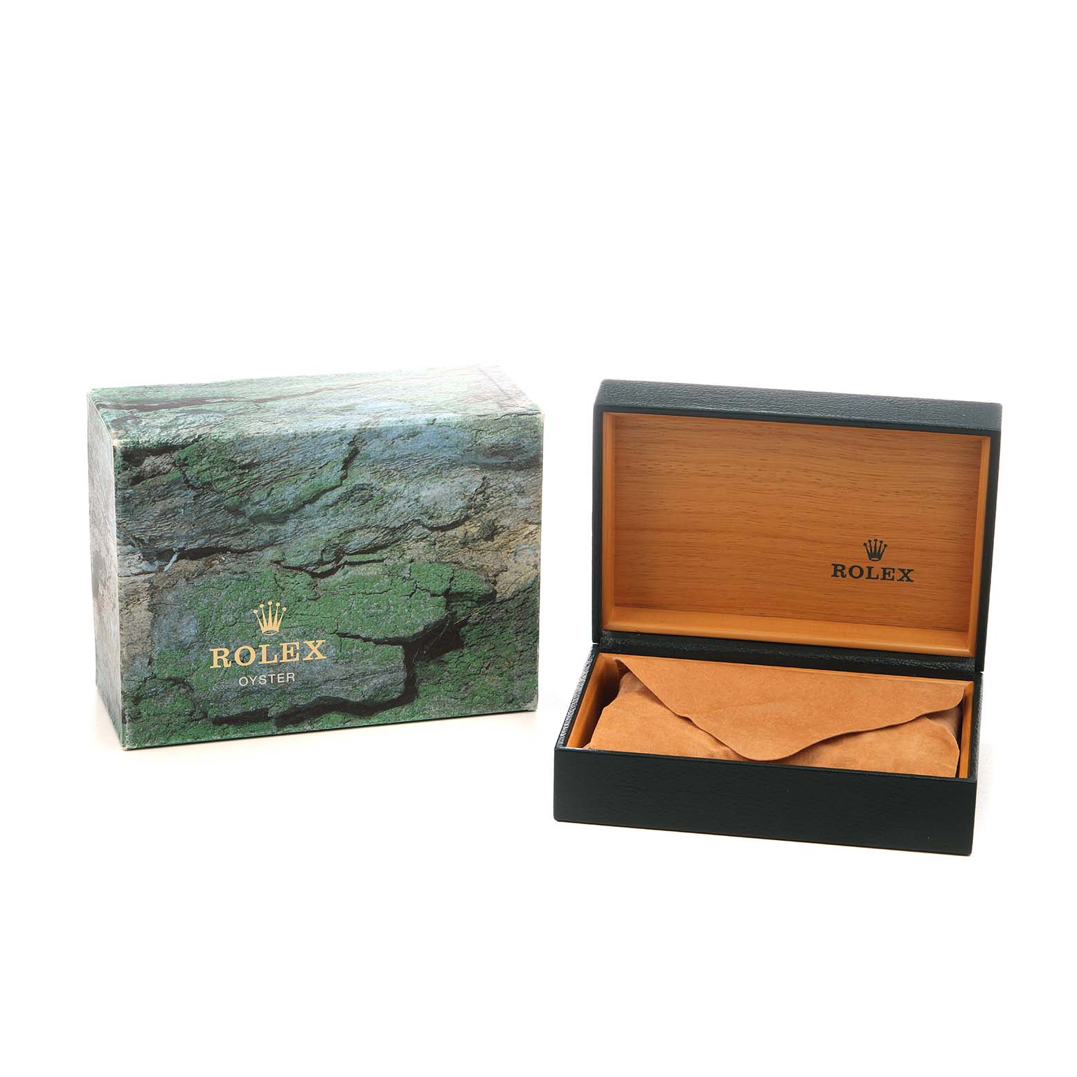 The image shows a Rolex Submariner 16803 Men's Steel and Gold (two tone) Blue Dial box and packaging, with the box open slightly from a front angle.