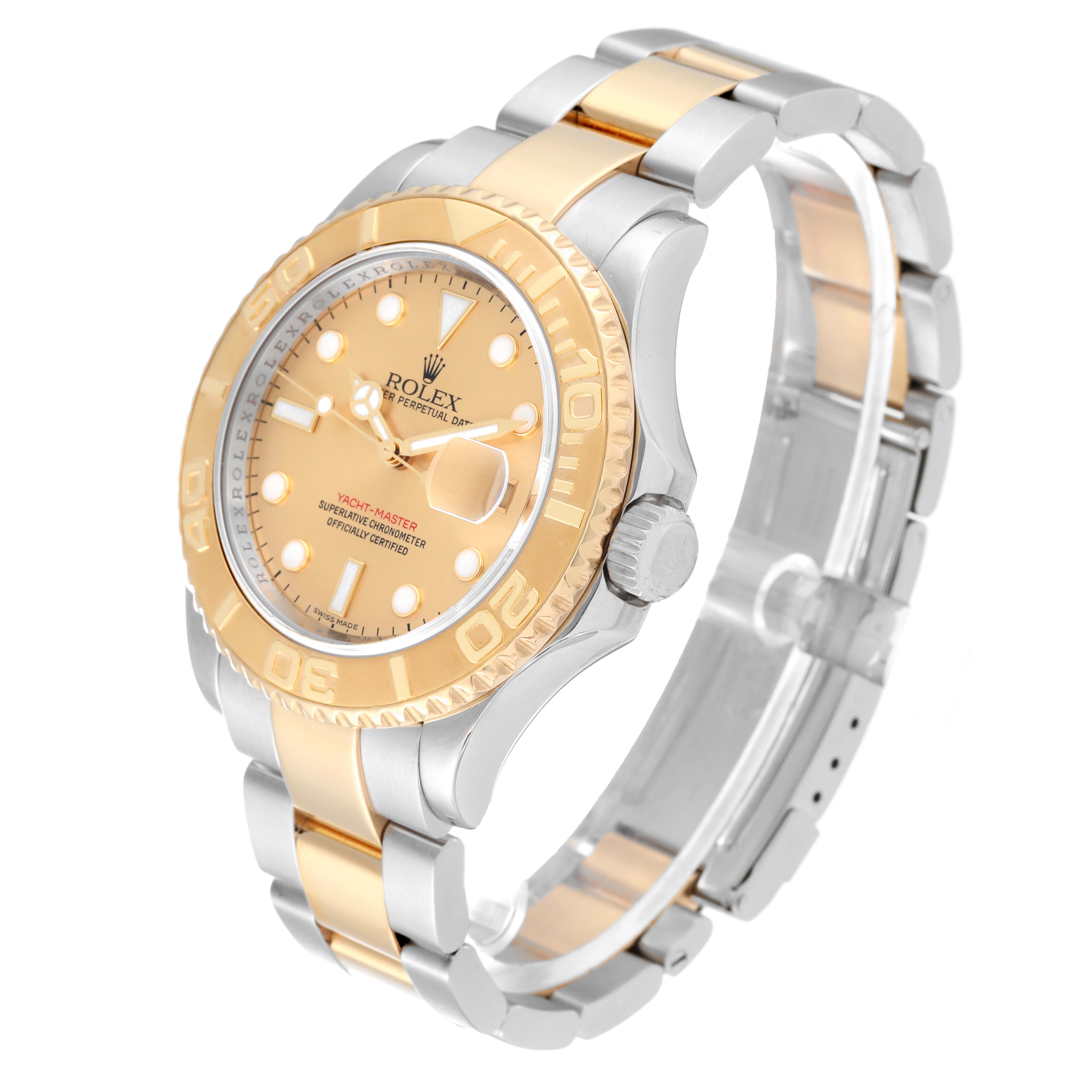This image shows a Rolex Yacht-Master 16623 Men's Steel and Gold (two tone) Champagne Dial 16623 Men's Steel and Gold (two tone) Champagne Dial watch at a three-quarter angle, highlighting the dial, bezel, and bracelet.