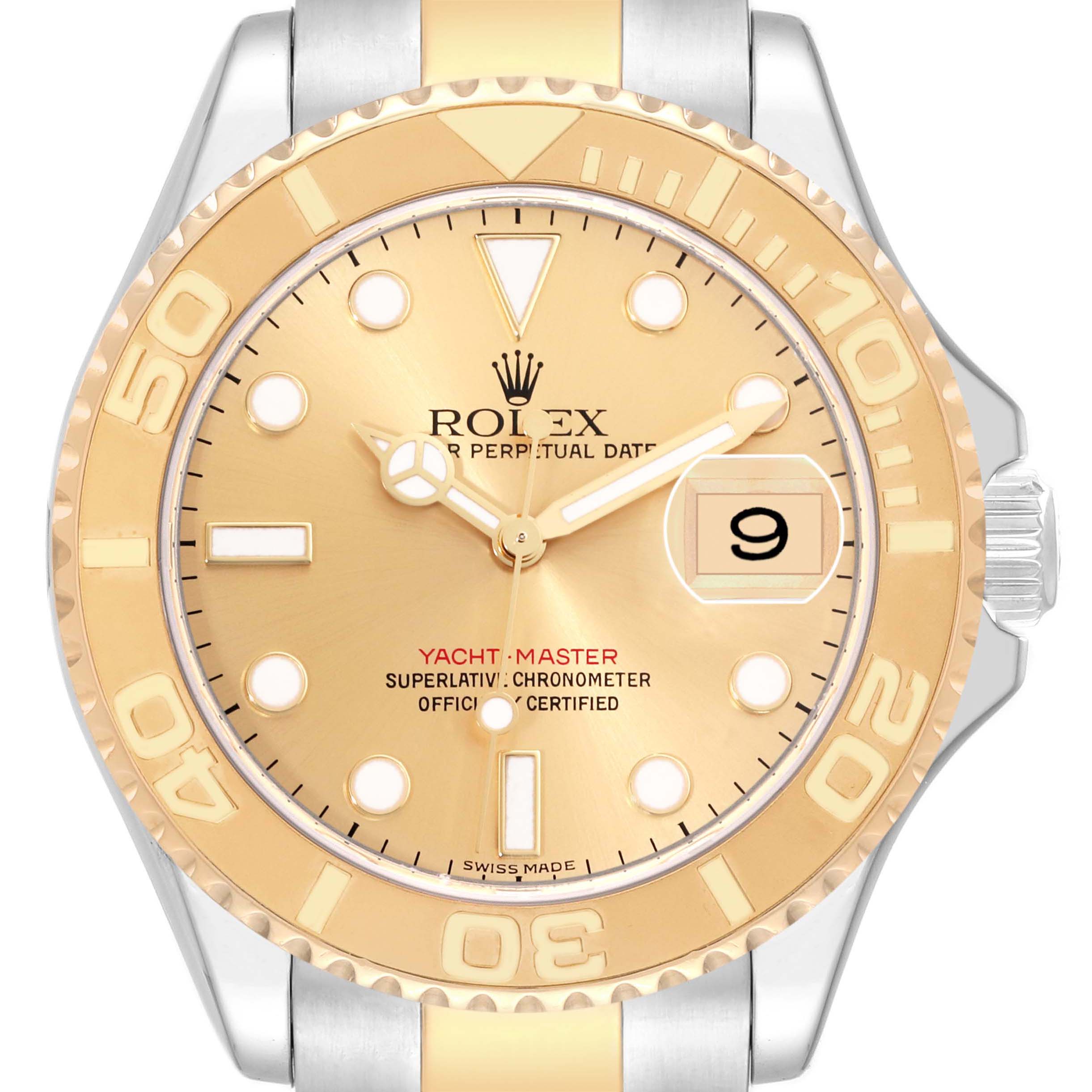 This image shows a frontal view of a Rolex Yacht-Master 16623 Men's Steel and Gold (two tone) Champagne Dial 16623 Men's Steel and Gold (two tone) Champagne Dial watch, displaying the dial, hands, date window, and bezel.