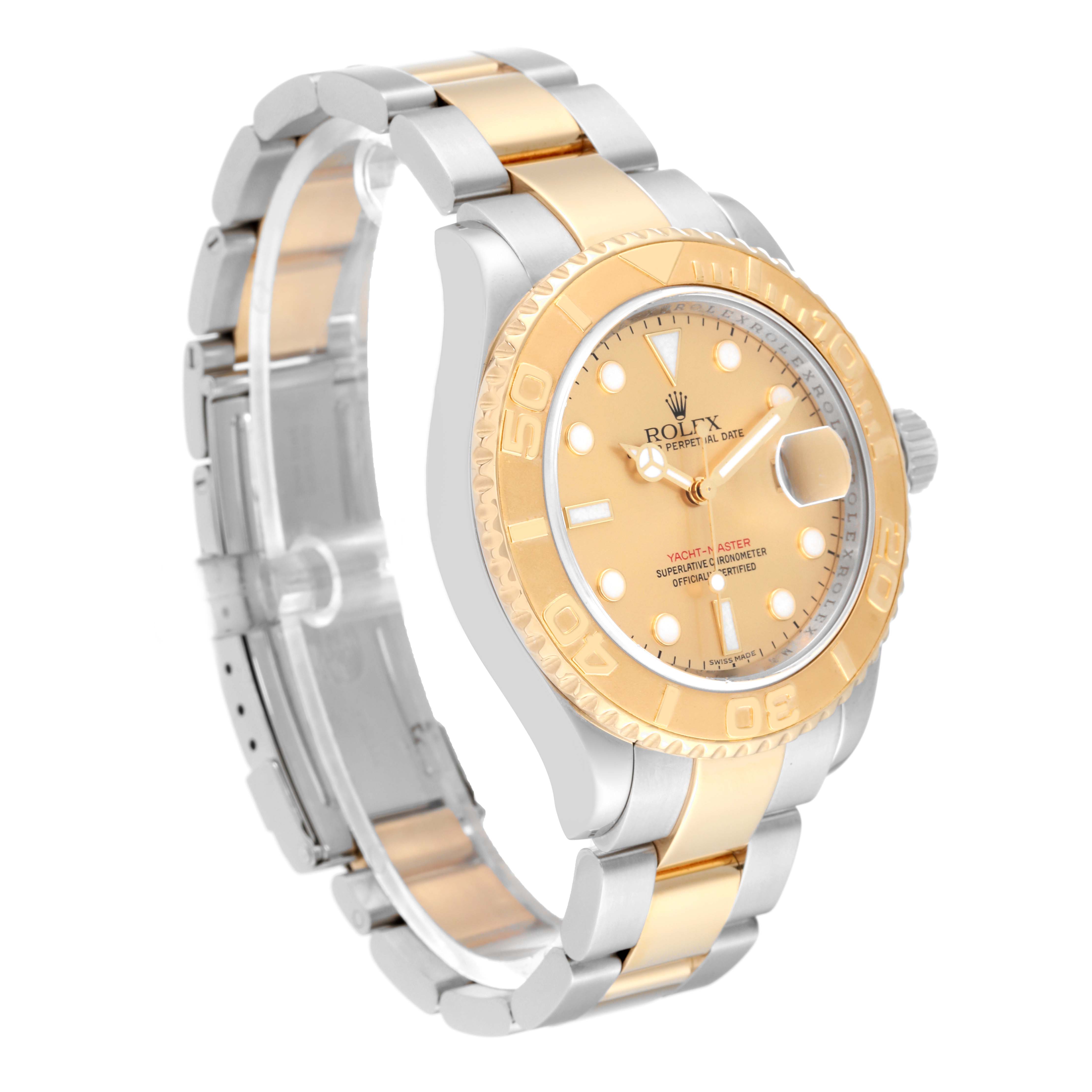 The Rolex Yacht-Master 16623 Men's Steel and Gold (two tone) Champagne Dial 16623 Men's Steel and Gold (two tone) Champagne Dial watch is shown at a slight angle, highlighting the dial, bezel, and two-tone bracelet.
