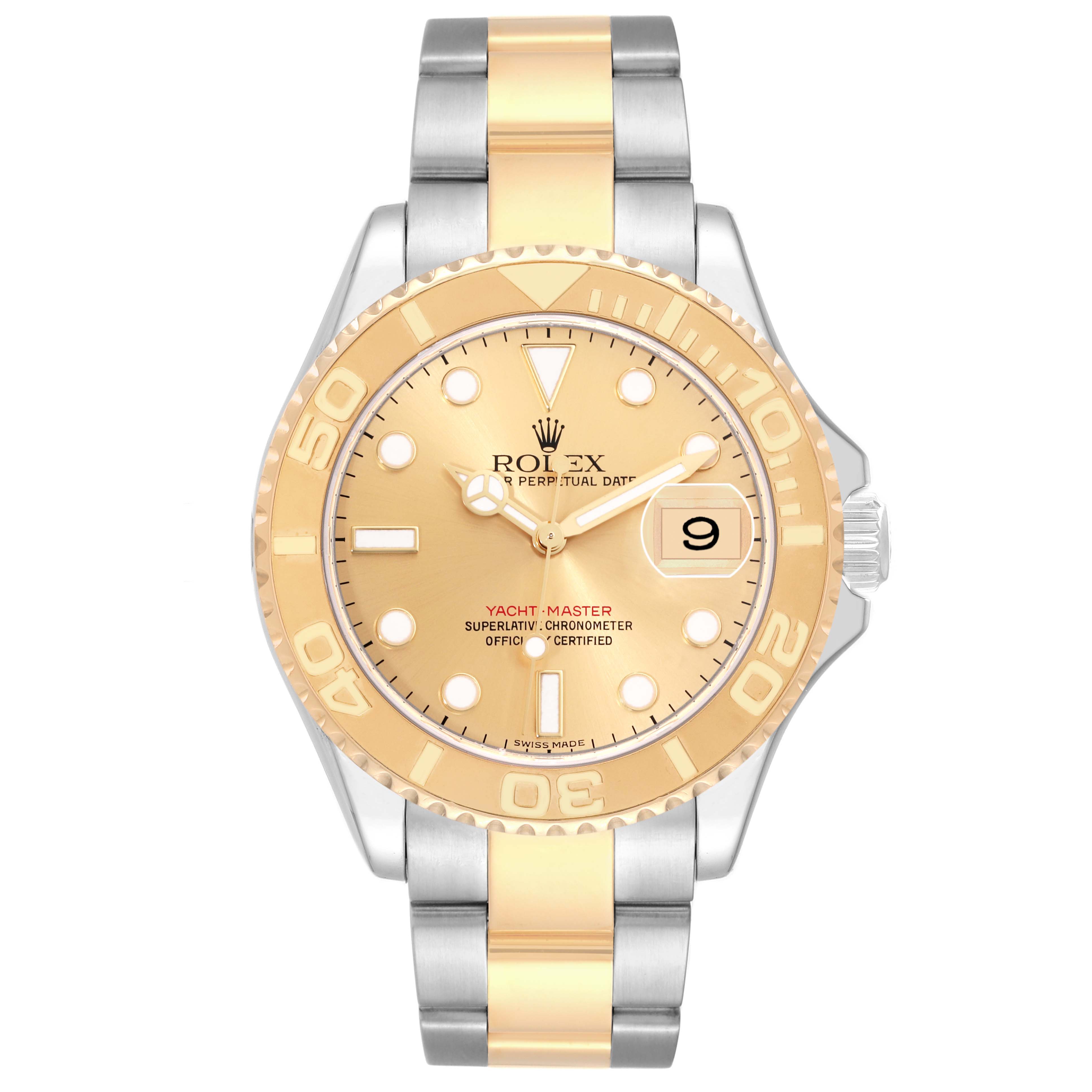 The Rolex Yacht-Master 16623 Men's Steel and Gold (two tone) Champagne Dial 16623 Men's Steel and Gold (two tone) Champagne Dial watch is shown from a straight-on angle, highlighting its face, bezel, and two-tone bracelet.
