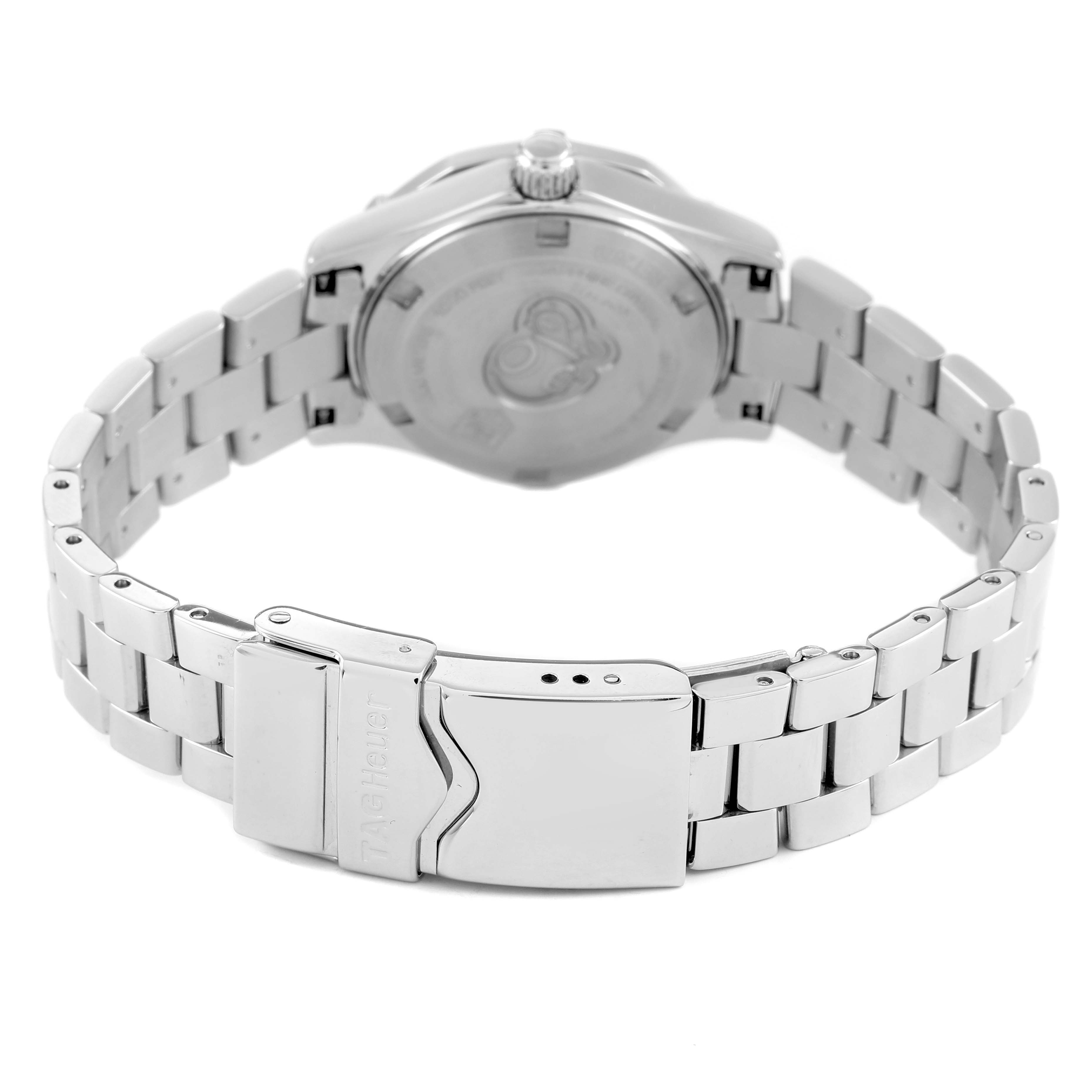 The Tag Heuer Aquaracer WAF1416 Women's Stainless Steel Mother of Pearl Dial watch is shown from the back, highlighting the bracelet and clasp with the case back partially visible.