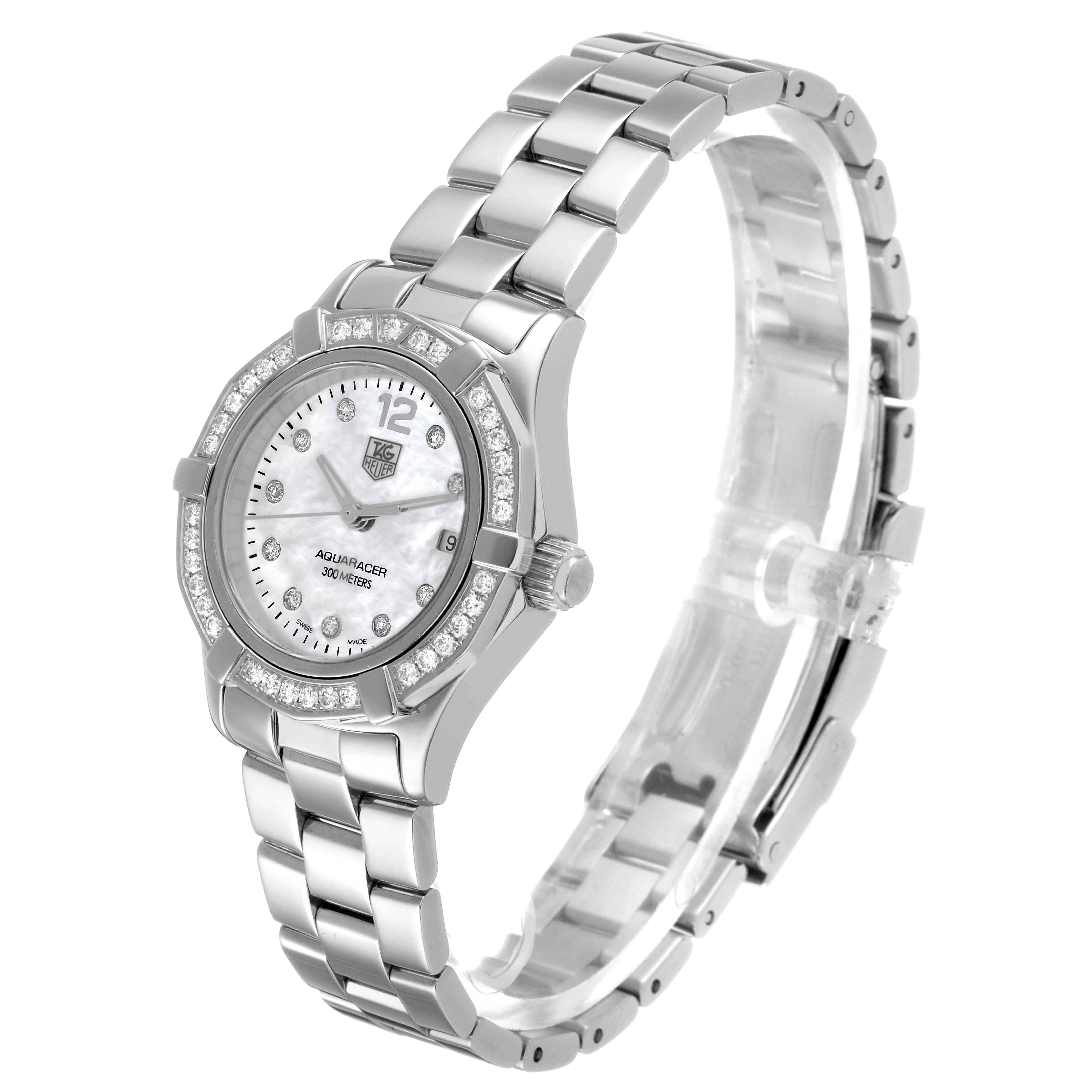The Tag Heuer Aquaracer WAF1416 Women's Stainless Steel Mother of Pearl Dial watch is shown at a slight angle, highlighting the face, bezel, and bracelet detail.