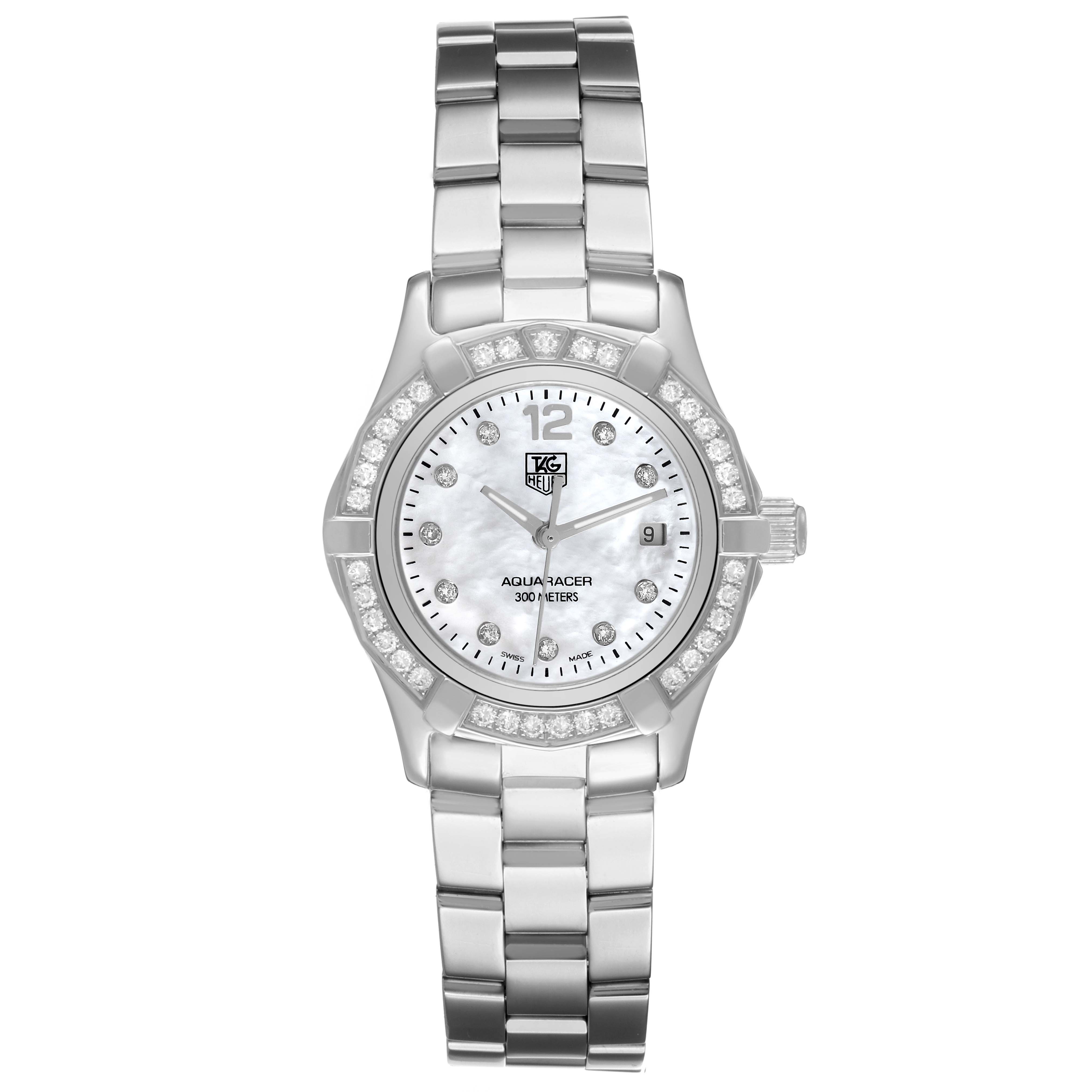 The Tag Heuer Aquaracer WAF1416 Women's Stainless Steel Mother of Pearl Dial watch is shown from a top-down angle featuring the face, bezel, bracelet, and crown.