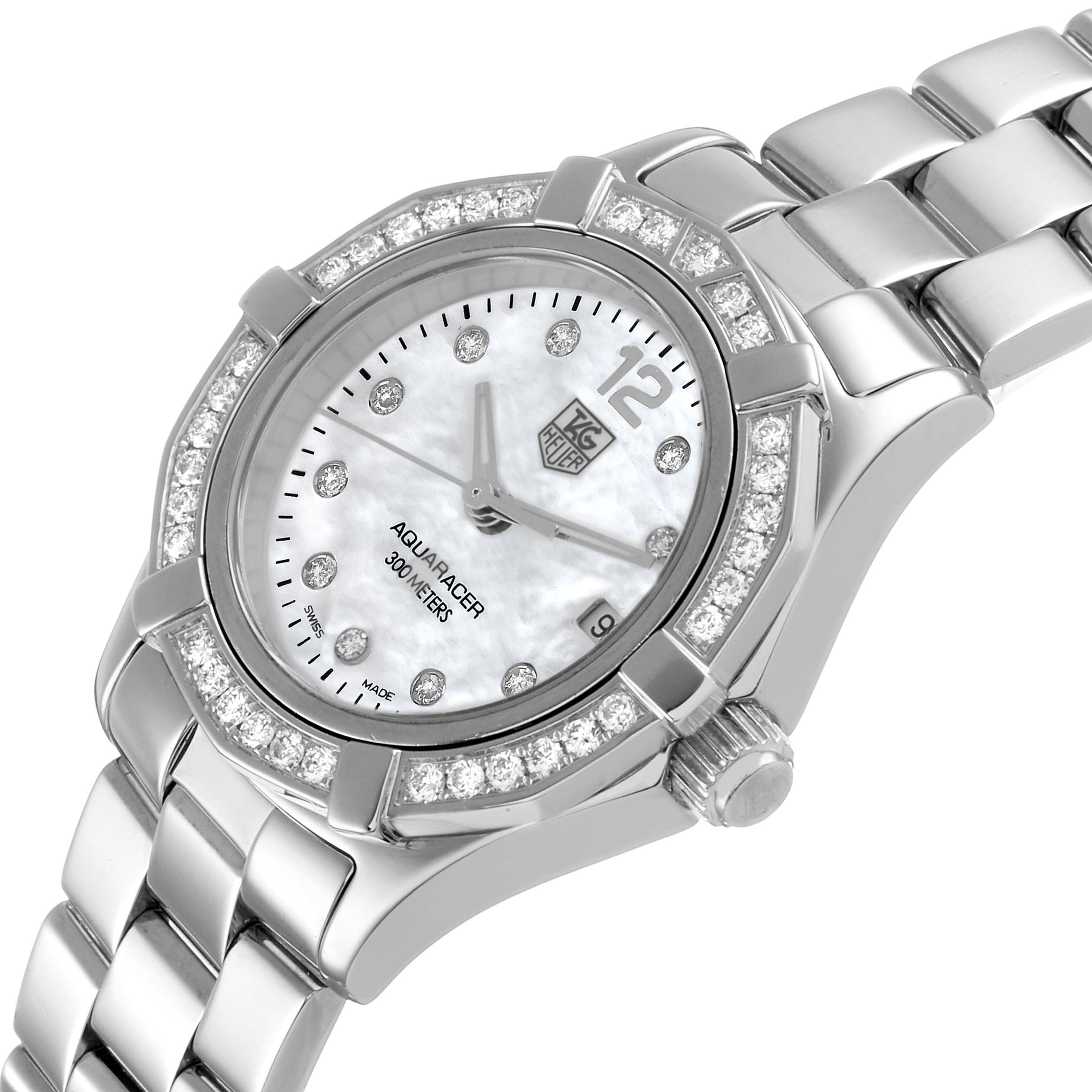 The Tag Heuer Aquaracer WAF1416 Women's Stainless Steel Mother of Pearl Dial watch is shown at a slight angle, highlighting the bezel, dial, and bracelet.