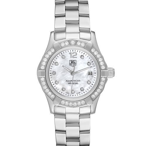 The Tag Heuer Aquaracer WAF1416 Women's Stainless Steel Mother of Pearl Dial watch is shown from a top-down angle, highlighting the face, bezel, and bracelet.