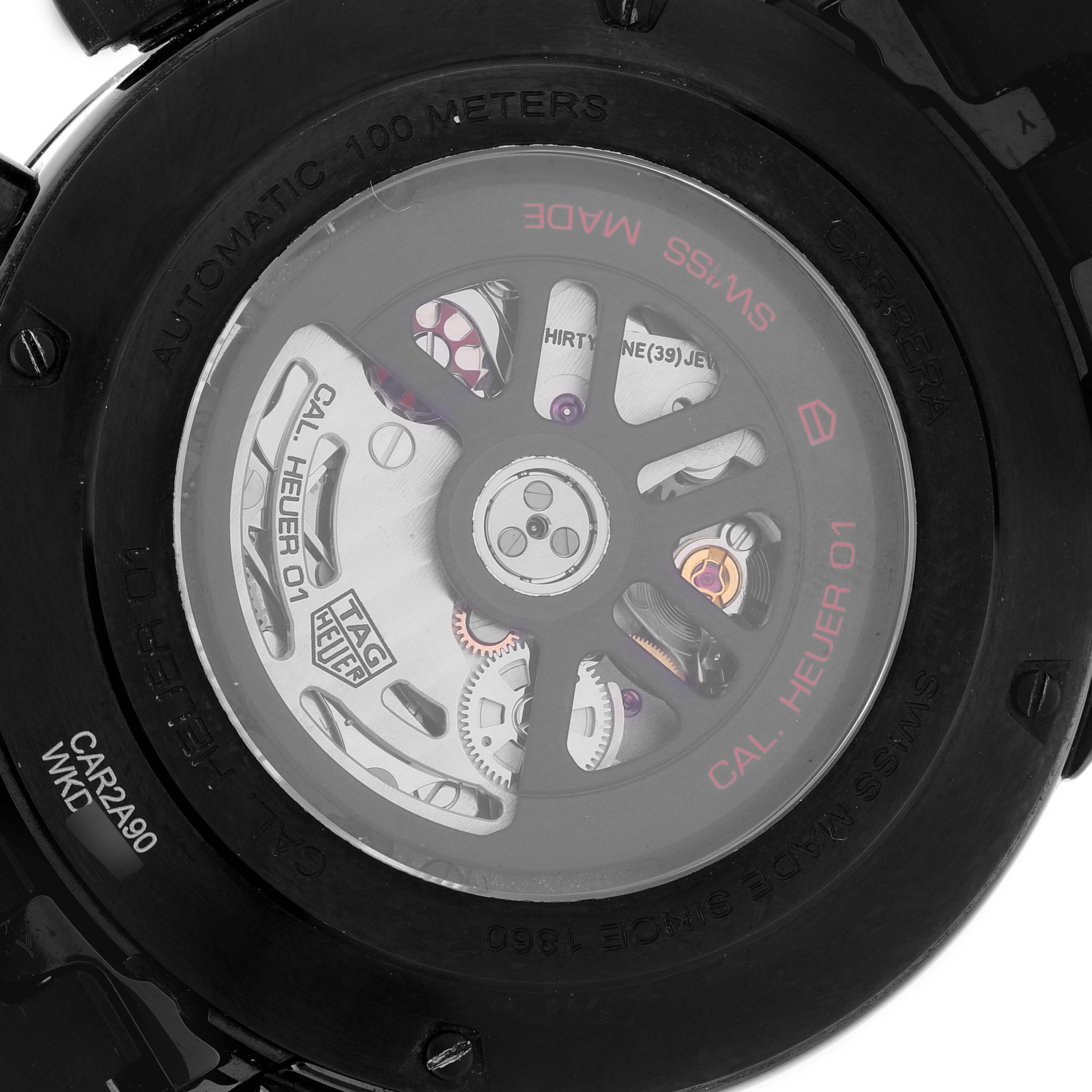 The image shows the back view of a Tag Heuer Carrera CAR2A90.FT6071 Men's Ceramic Black Dial CAR2A90.FT6071 Men's Ceramic Black Dial model, highlighting its automatic movement and internal mechanics.