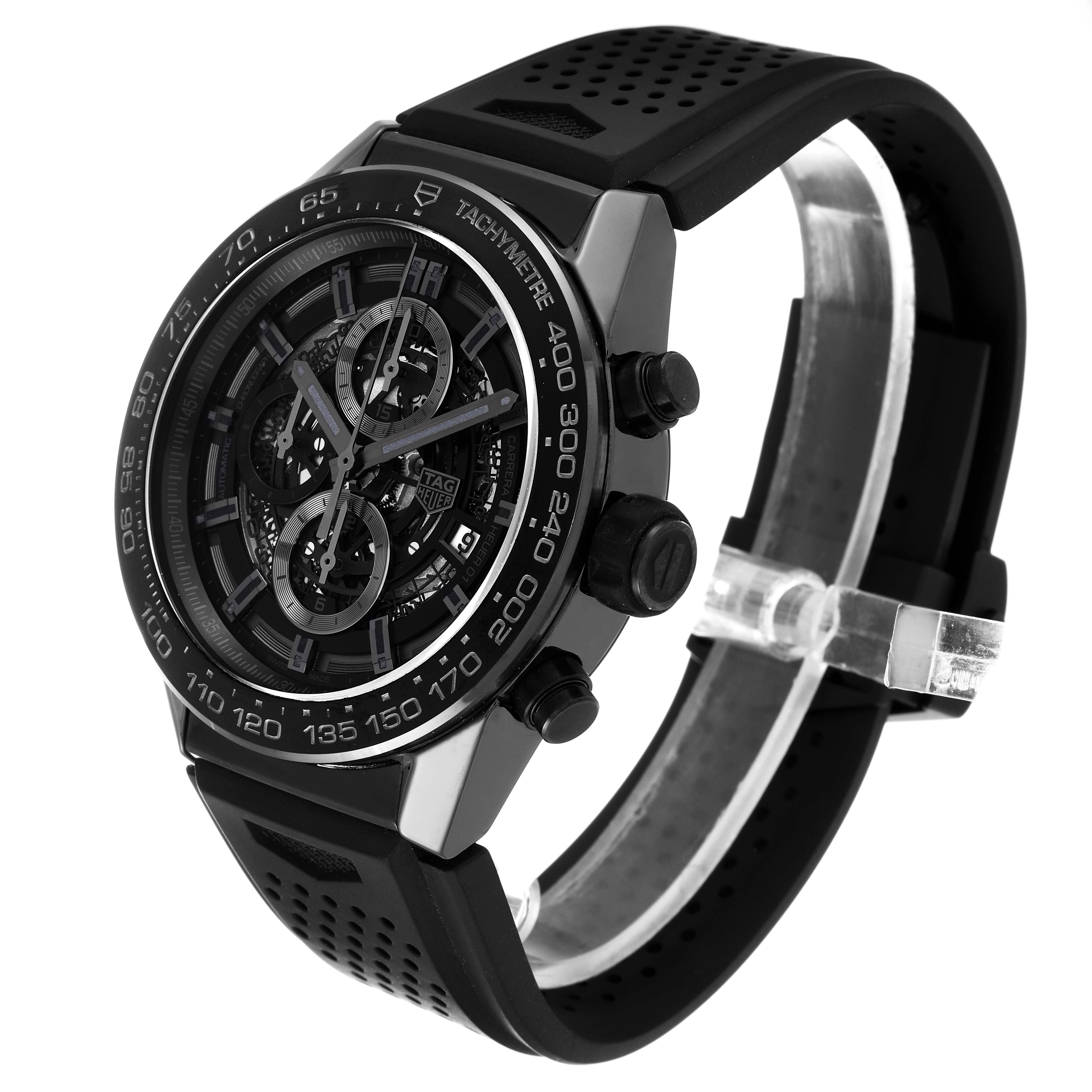 The image shows a side angle of a Tag Heuer Carrera CAR2A90.FT6071 Men's Ceramic Black Dial CAR2A90.FT6071 Men's Ceramic Black Dial watch, highlighting its black case, chronograph dials, and perforated strap.