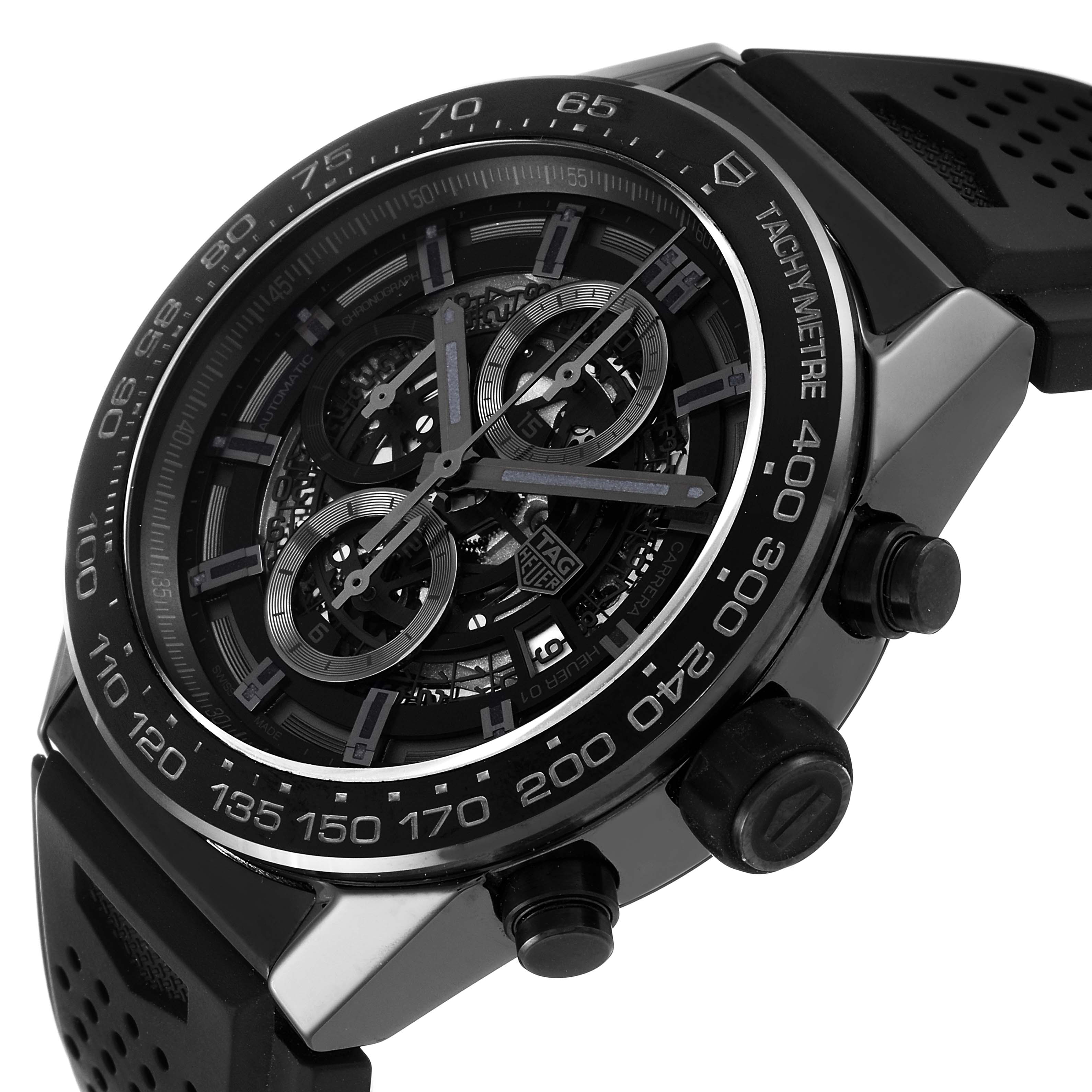 The image shows an angled view of the Tag Heuer Carrera CAR2A90.FT6071 Men's Ceramic Black Dial CAR2A90.FT6071 Men's Ceramic Black Dial watch, highlighting the face, bezel, buttons, and strap.