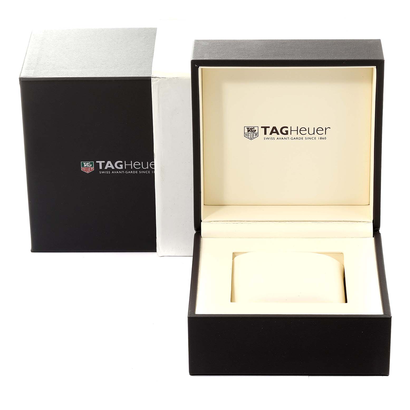 The image shows the open storage box for a Tag Heuer Carrera CAR2A90.FT6071 Men's Ceramic Black Dial CAR2A90.FT6071 Men's Ceramic Black Dial watch, with the brand logo visible inside.