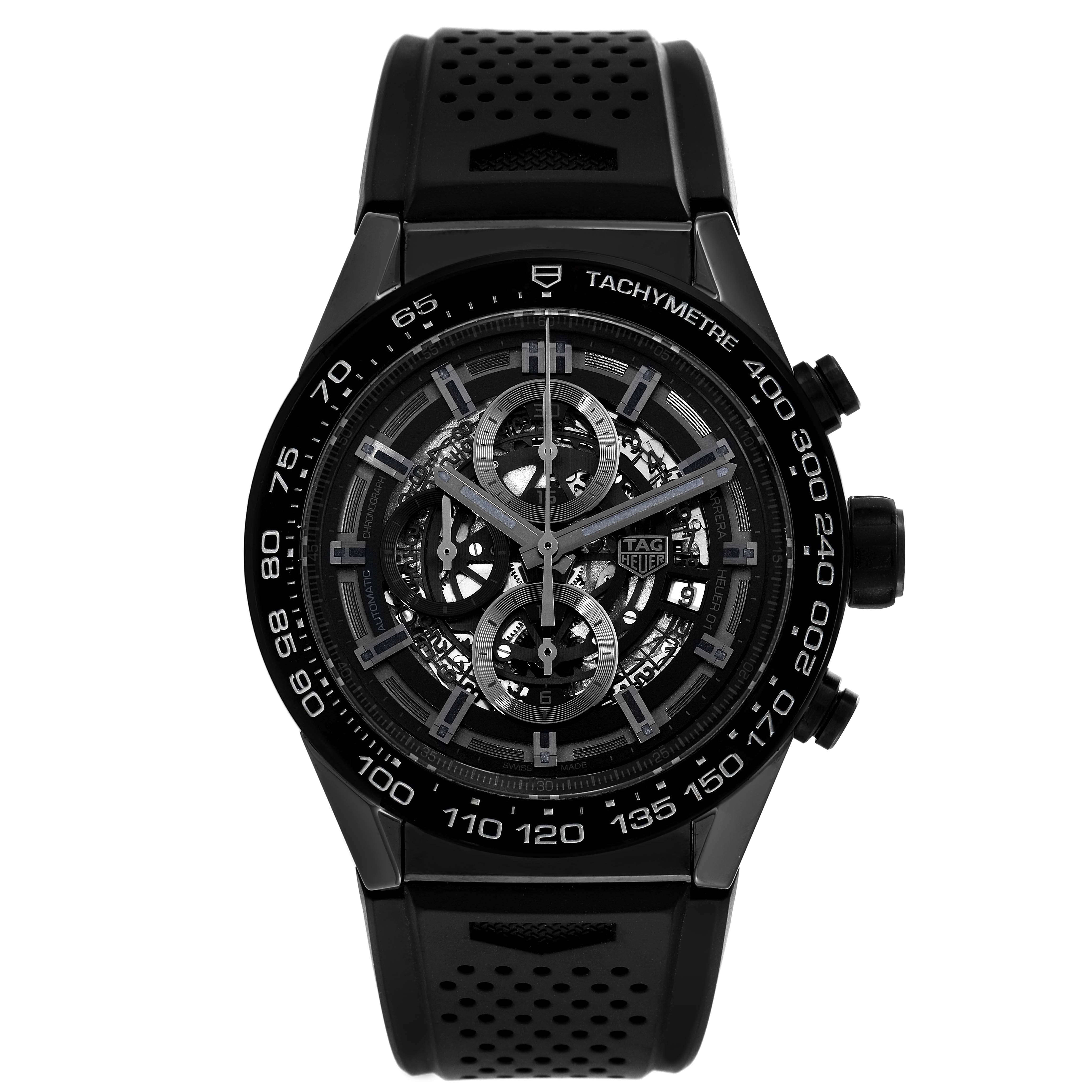 The image shows a front view of the Tag Heuer Carrera CAR2A90.FT6071 Men's Ceramic Black Dial CAR2A90.FT6071 Men's Ceramic Black Dial watch, highlighting its face, bezel, and strap.