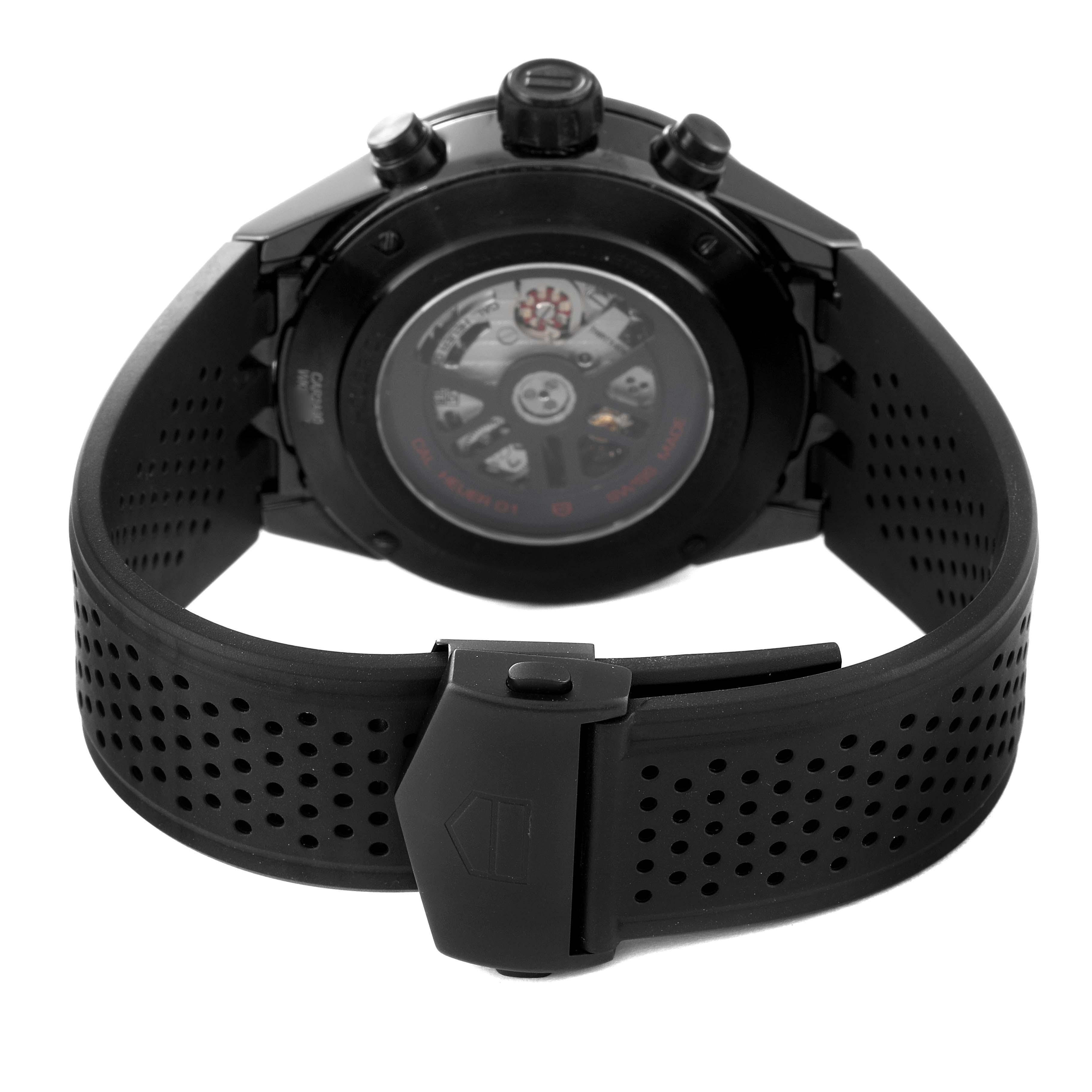 This image shows the back of the Tag Heuer Carrera CAR2A90.FT6071 Men's Ceramic Black Dial CAR2A90.FT6071 Men's Ceramic Black Dial watch, highlighting the case back, strap, and buckle.