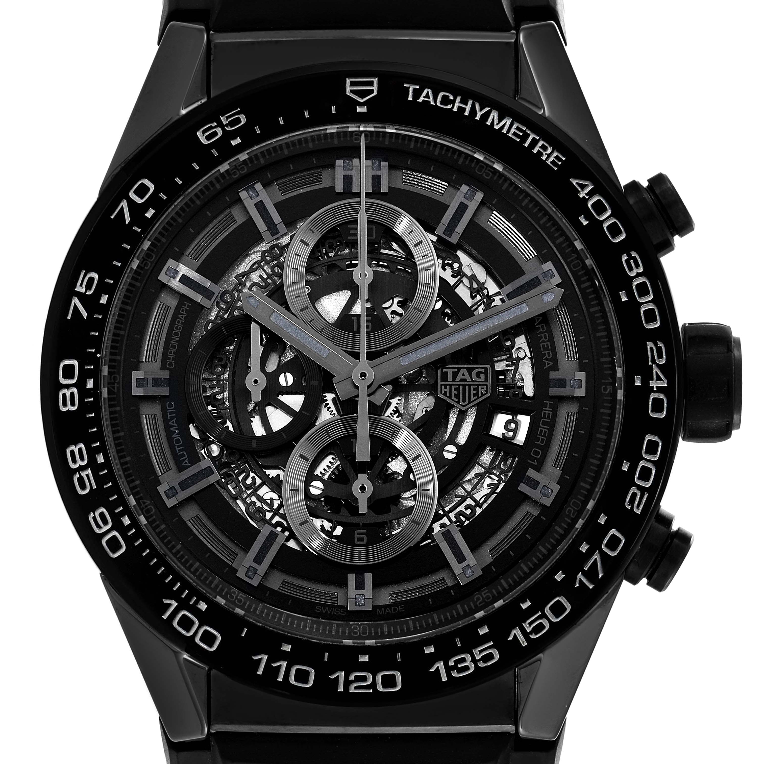 The image shows the Tag Heuer Carrera CAR2A90.FT6071 Men's Ceramic Black Dial CAR2A90.FT6071 Men's Ceramic Black Dial watch face, including the dial, chronographs, and tachymeter bezel, from a head-on angle.