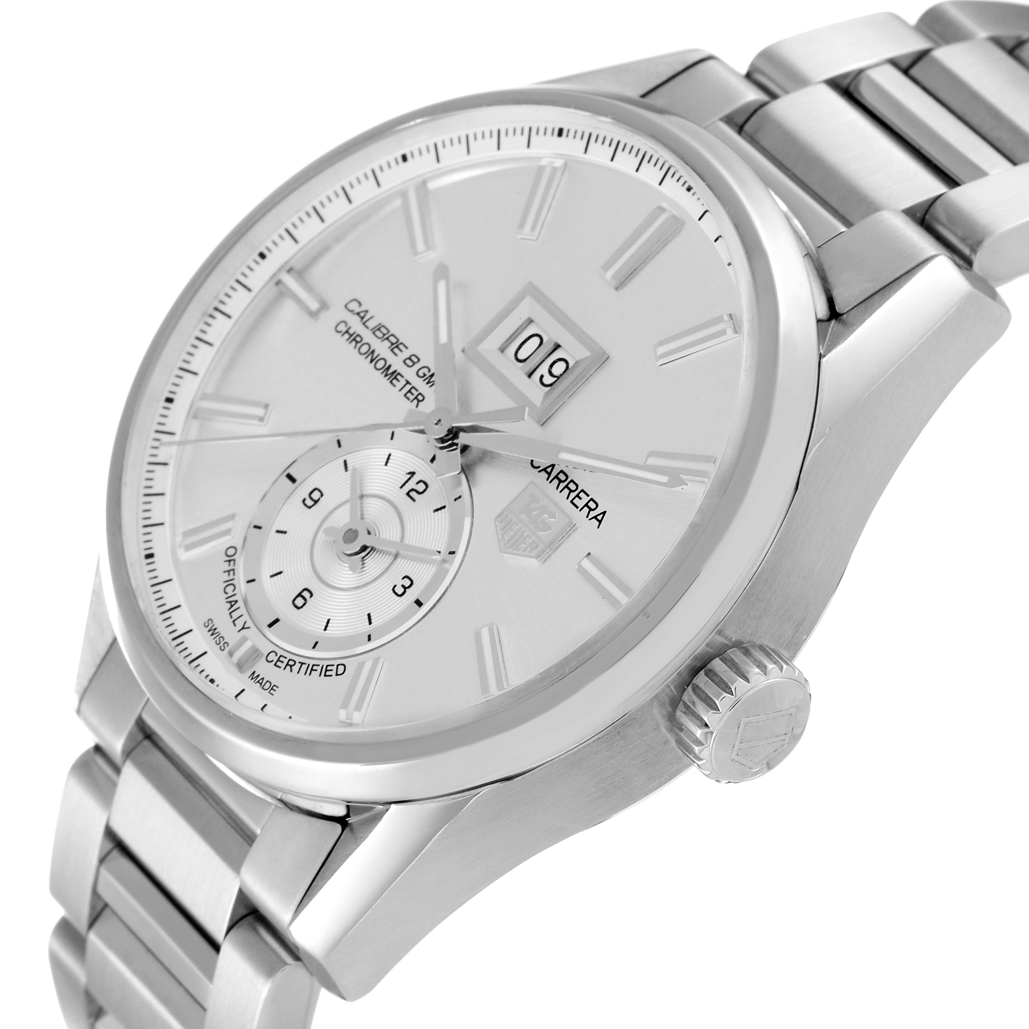 The image shows a Tag Heuer Carrera WAR5011.BA0723 Men's Stainless Steel Silver Dial WAR5011.BA0723 Men's Stainless Steel Silver Dial watch at an angle highlighting its face, crown, and part of the metal bracelet.