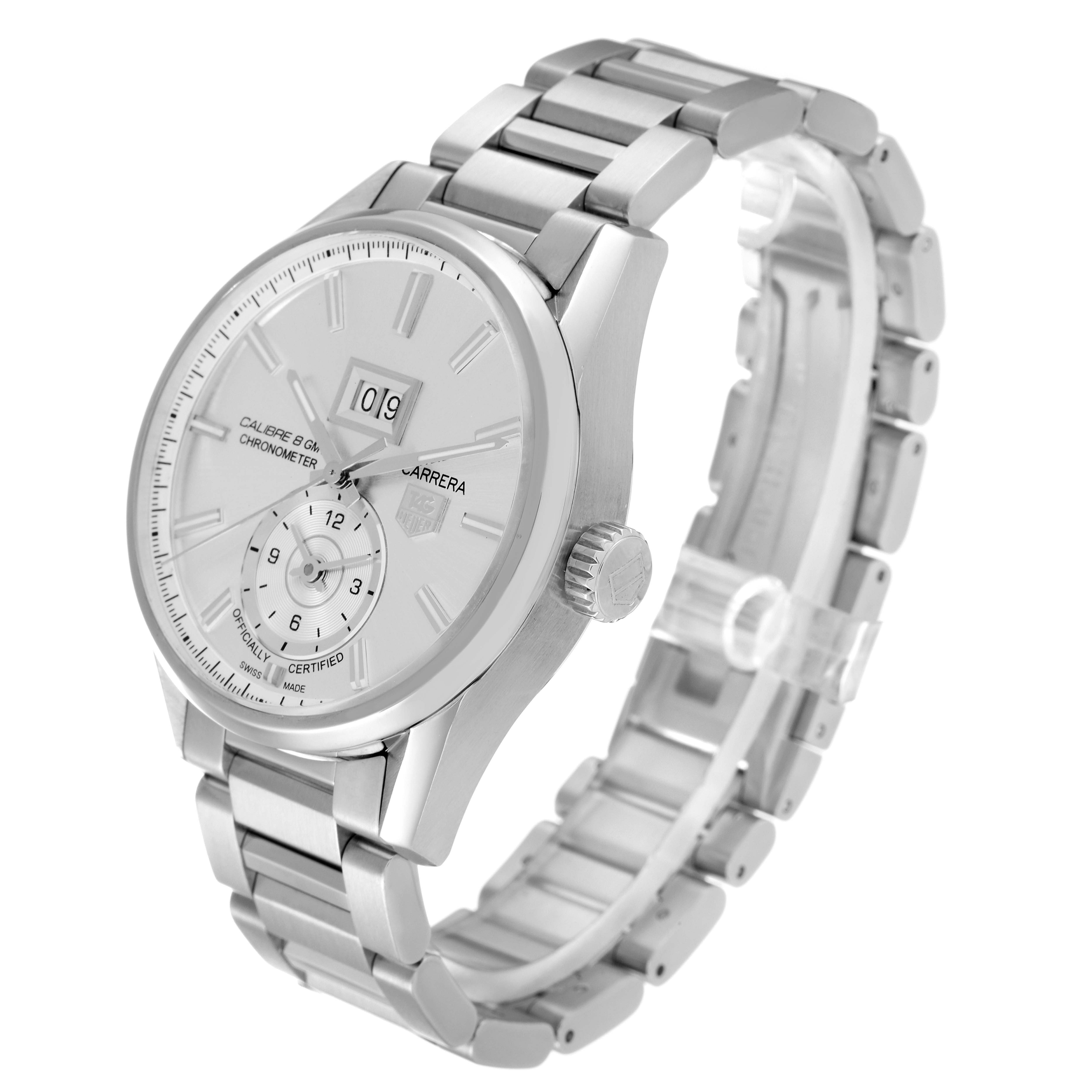 The image shows a Tag Heuer Carrera WAR5011.BA0723 Men's Stainless Steel Silver Dial WAR5011.BA0723 Men's Stainless Steel Silver Dial watch at a three-quarter angle highlighting the face, crown, and bracelet.