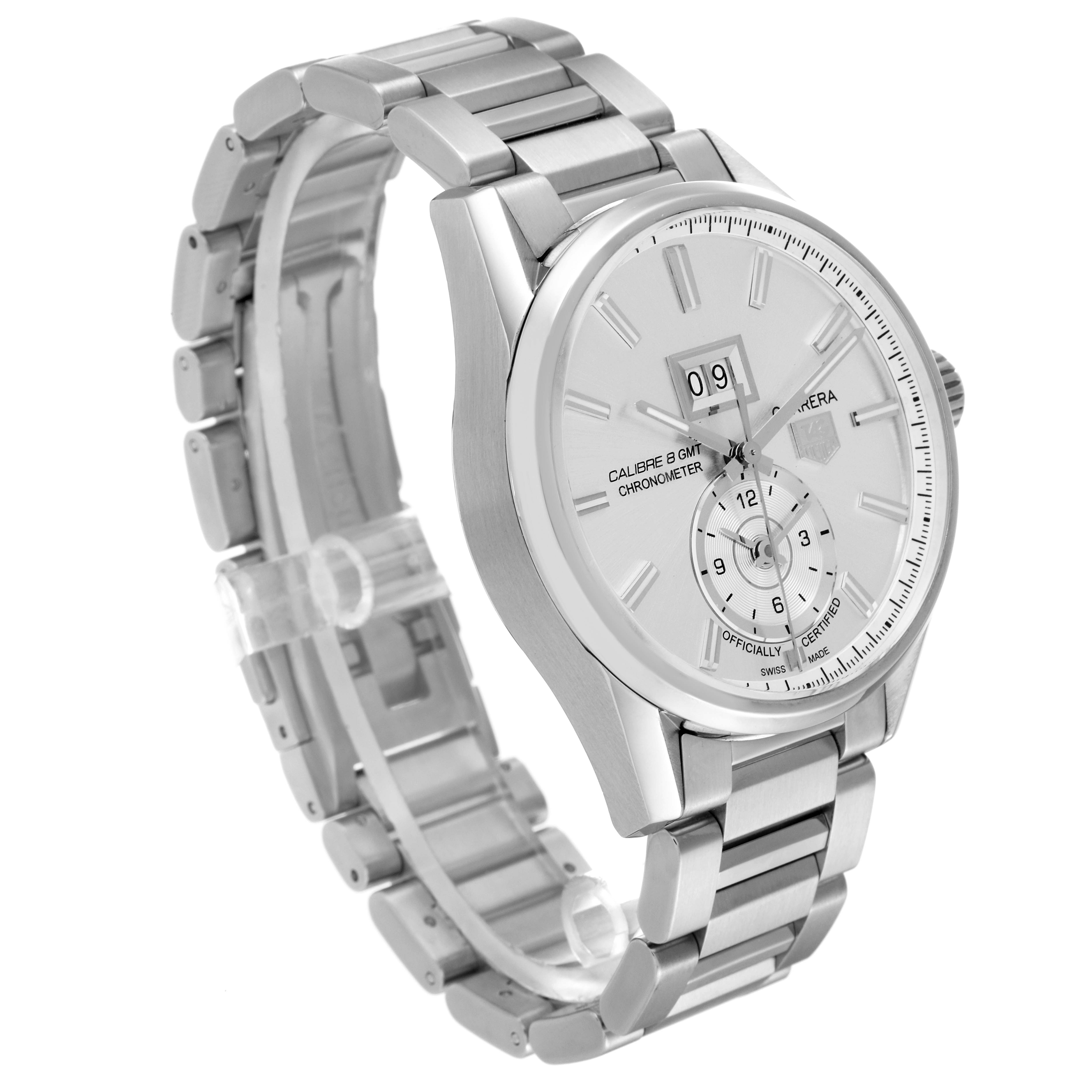 The Tag Heuer Carrera WAR5011.BA0723 Men's Stainless Steel Silver Dial WAR5011.BA0723 Men's Stainless Steel Silver Dial watch is shown at a three-quarter angle, highlighting the face, bezel, and metal bracelet.