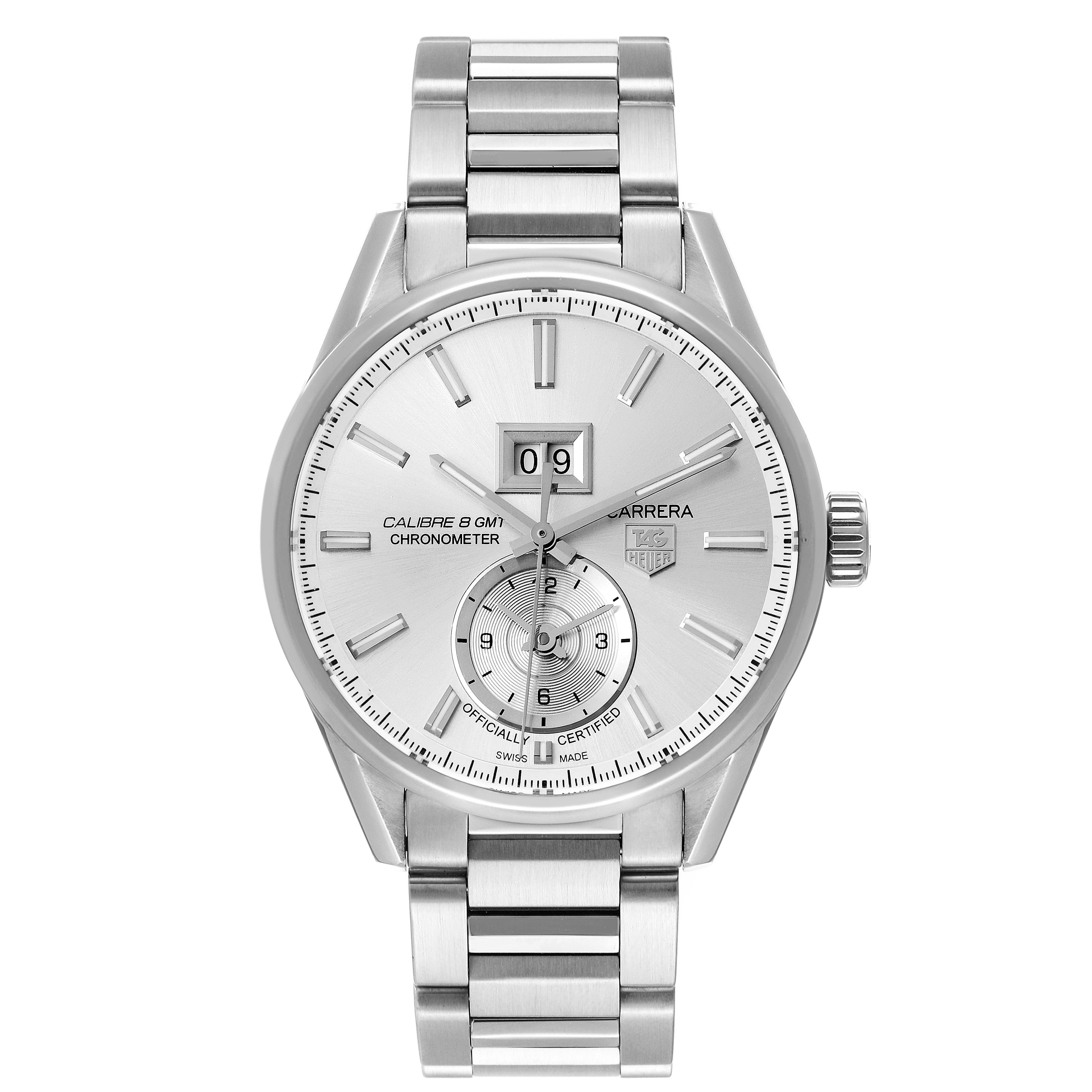 The image shows the front view of a Tag Heuer Carrera WAR5011.BA0723 Men's Stainless Steel Silver Dial WAR5011.BA0723 Men's Stainless Steel Silver Dial watch, including its dial, hands, date display, and bracelet.