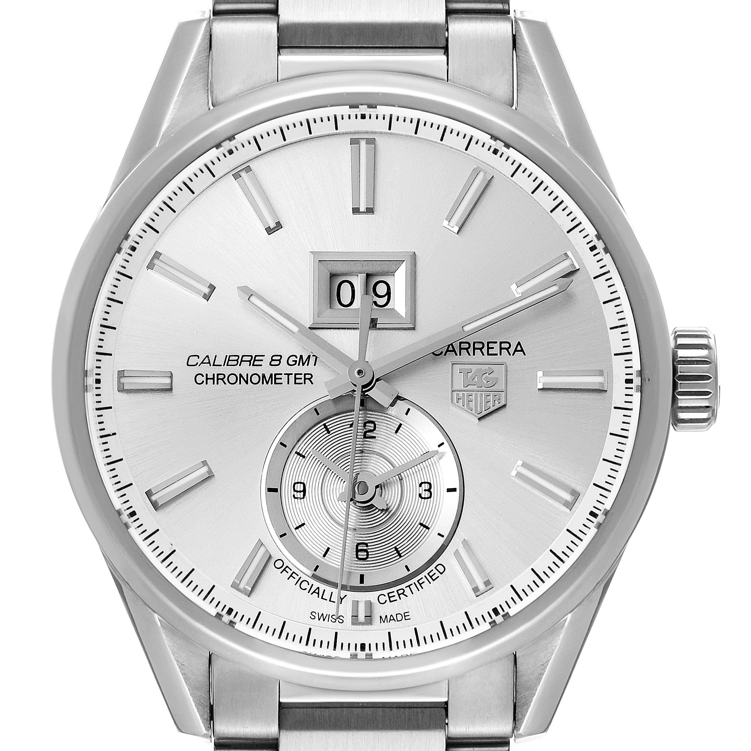 The image shows a front view of a Tag Heuer Carrera WAR5011.BA0723 Men's Stainless Steel Silver Dial WAR5011.BA0723 Men's Stainless Steel Silver Dial watch, displaying the face with date, hour, and minute indicators.