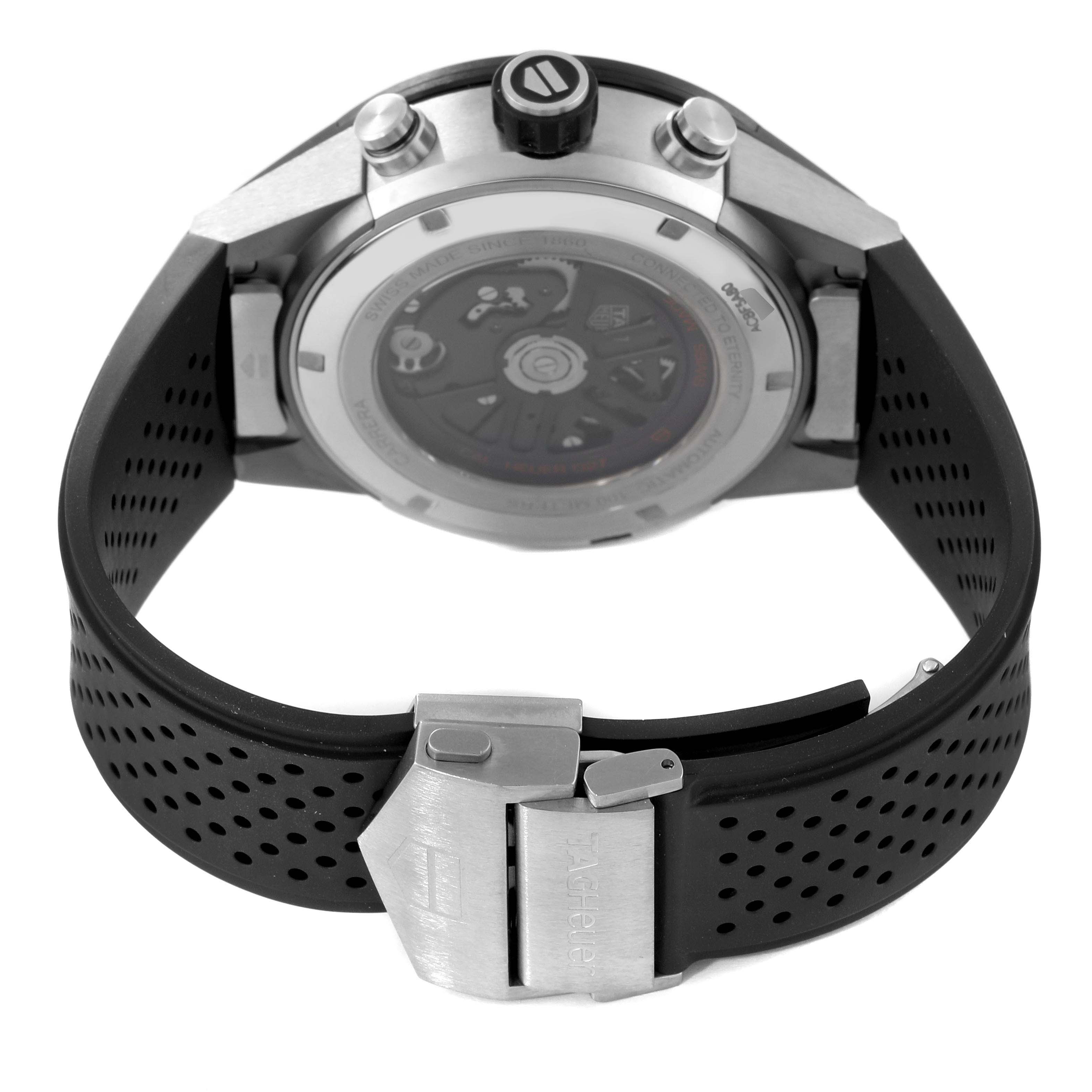 The image shows the back case, crown, and strap of the Tag Heuer Carrera ACBF5A80 Men's Titanium Black Dial ACBF5A80 Men's Titanium Black Dial watch, viewed from the rear angle.
