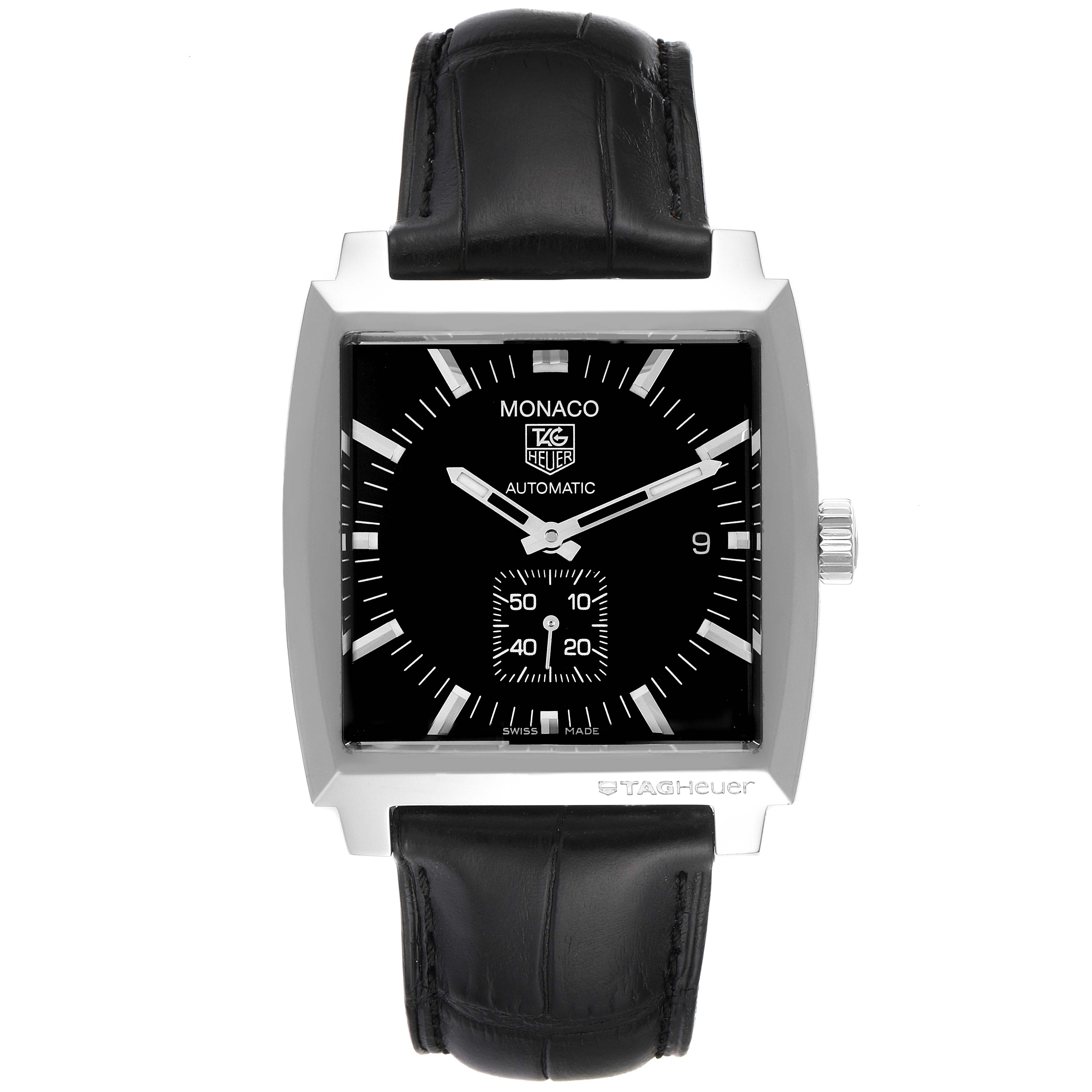 The image shows a front view of the Tag Heuer Monaco WW2110 Men's Stainless Steel Black Dial WW2110 Men's Stainless Steel Black Dial watch, highlighting its square case, black dial, and leather strap.