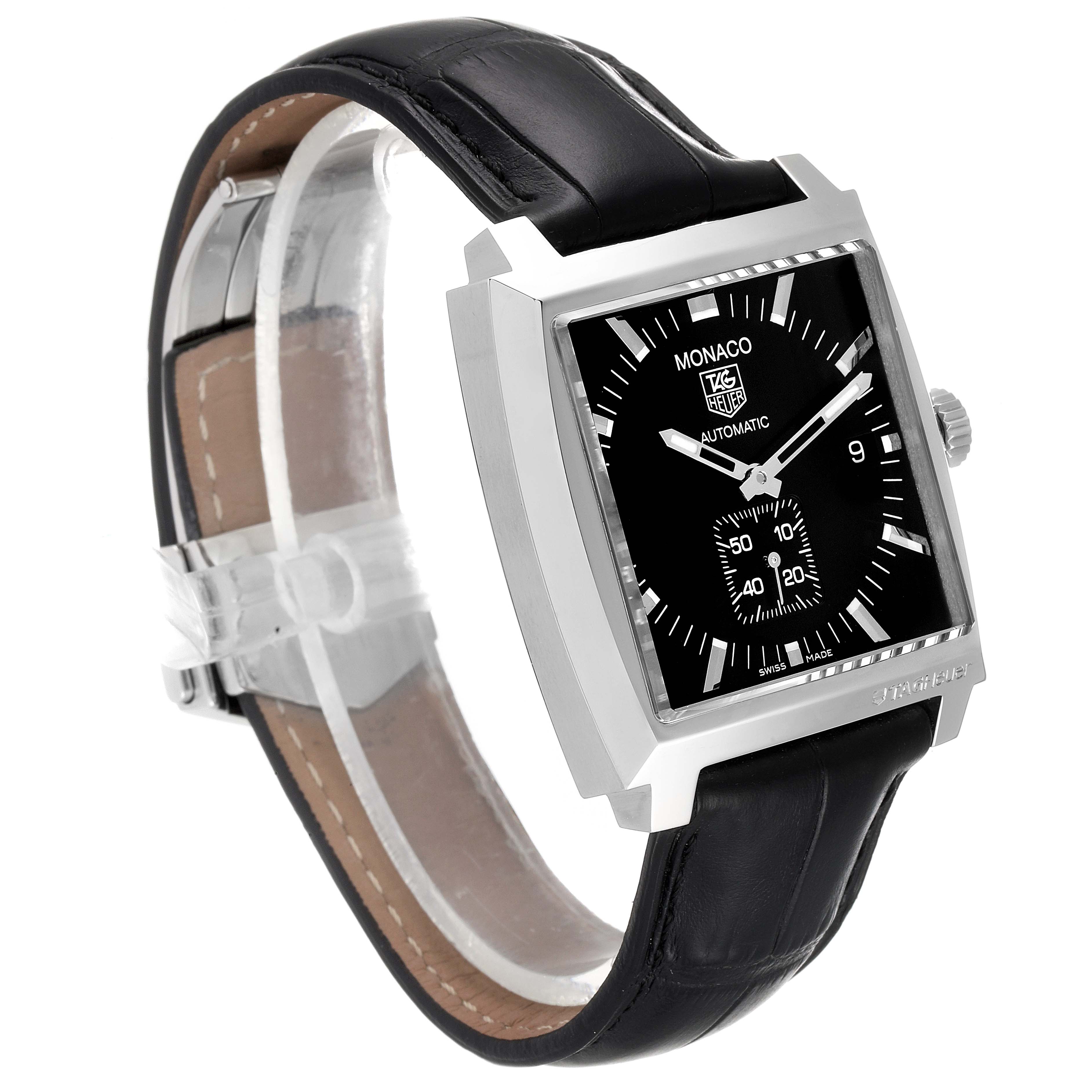 The image shows a Tag Heuer Monaco WW2110 Men's Stainless Steel Black Dial WW2110 Men's Stainless Steel Black Dial watch from a side angle, highlighting the case, dial, and black leather strap.