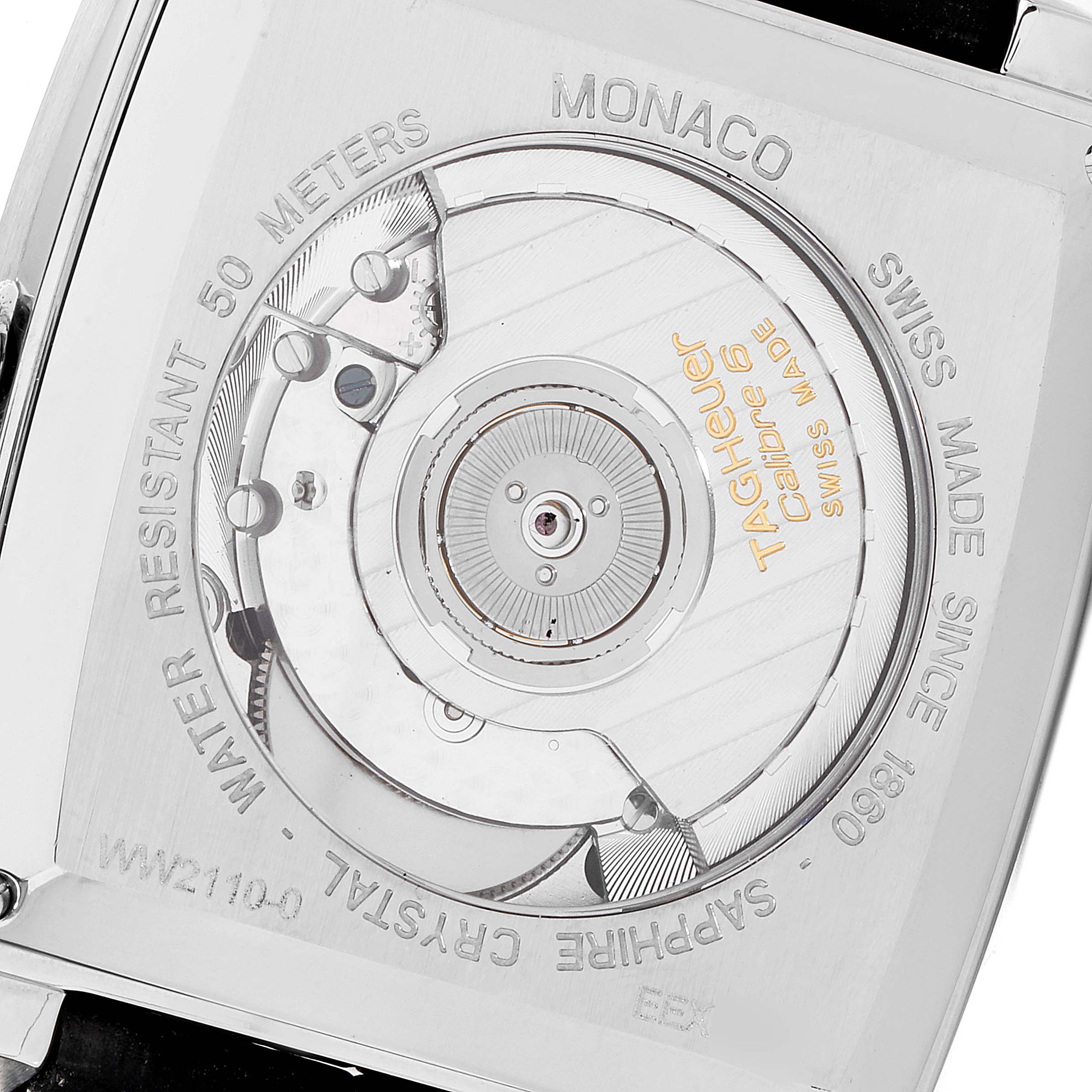 This is a close-up view of the backside of a Tag Heuer Monaco WW2110 Men's Stainless Steel Black Dial WW2110 Men's Stainless Steel Black Dial watch, showing the movement and rotor.