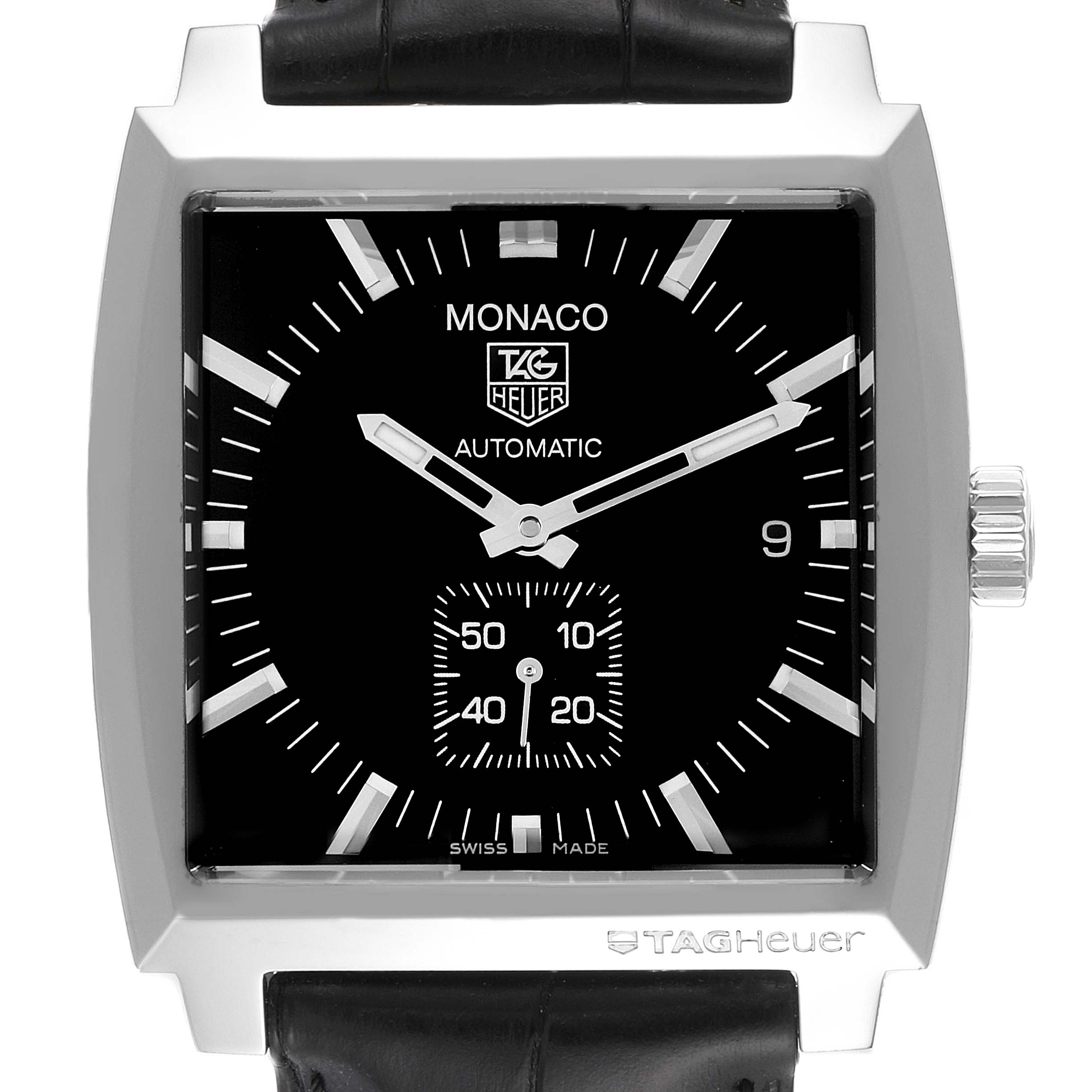 The image shows a front view of a Tag Heuer Monaco WW2110 Men's Stainless Steel Black Dial WW2110 Men's Stainless Steel Black Dial watch with a black dial, silver hour markers, and a black leather strap.