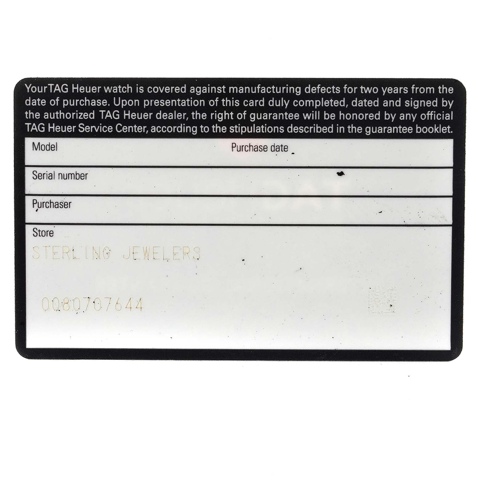 This image shows a guarantee card for a Tag Heuer Monaco WW2110 Men's Stainless Steel Black Dial WW2110 Men's Stainless Steel Black Dial watch, detailing purchase information fields.