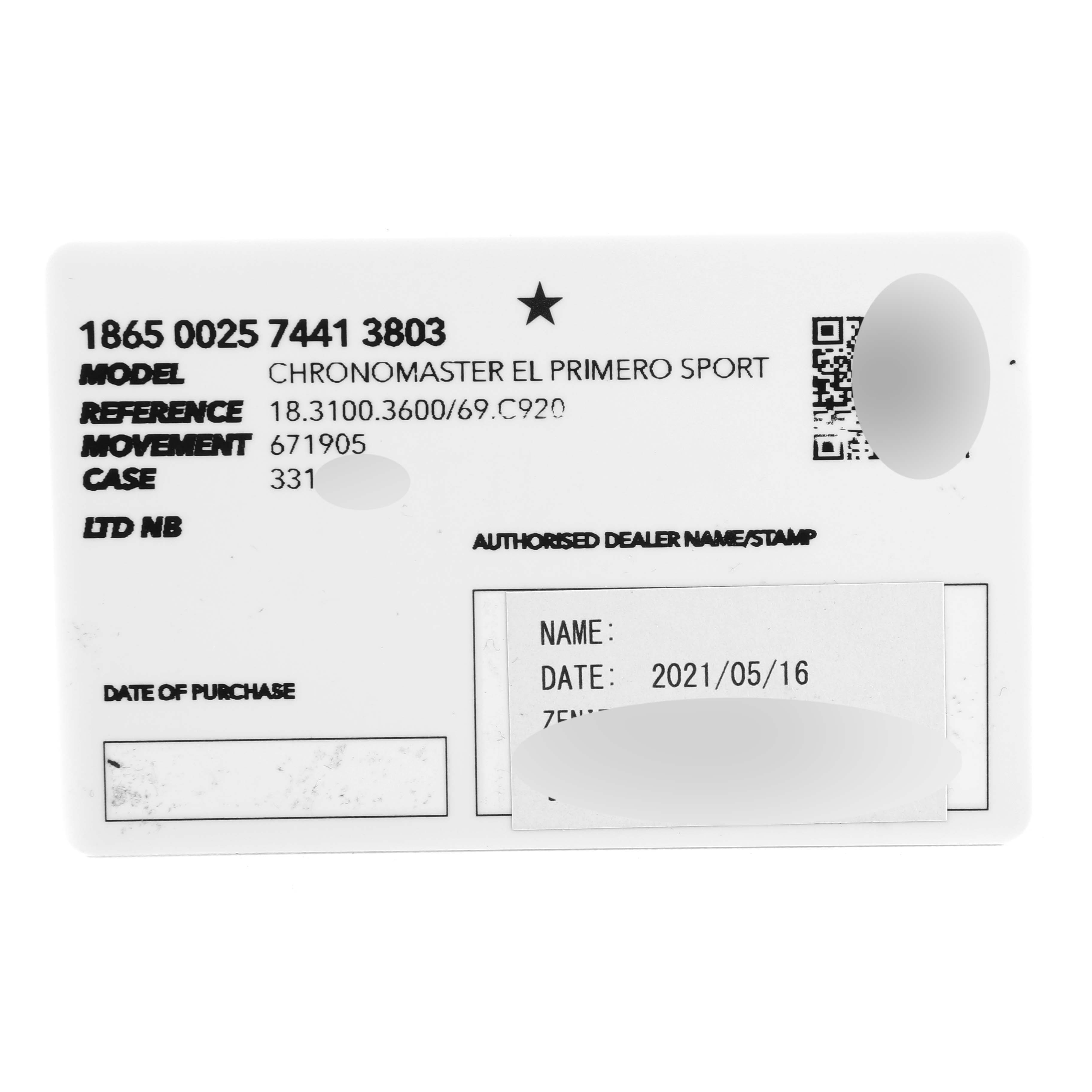 This image shows a warranty or authenticity card for the Zenith Chronomaster 18.3100.3600/69.C920 Men's Rose Gold White Dial 18.3100.3600/69.C920 Men's Rose Gold White Dial El Primero Sport model.