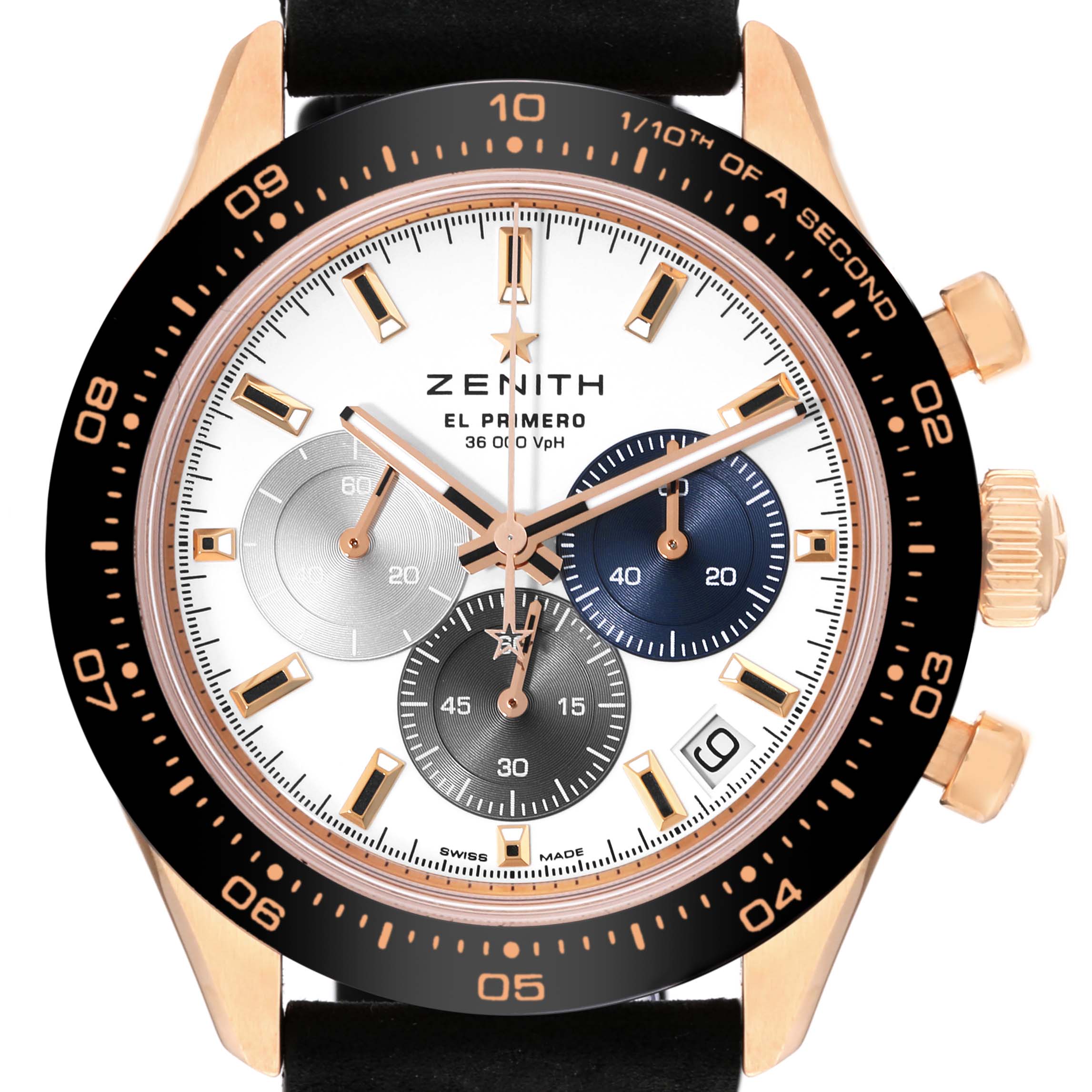 The image shows a front view of a Zenith Chronomaster 18.3100.3600/69.C920 Men's Rose Gold White Dial 18.3100.3600/69.C920 Men's Rose Gold White Dial watch, highlighting the dial, subdials, bezel, and crown.