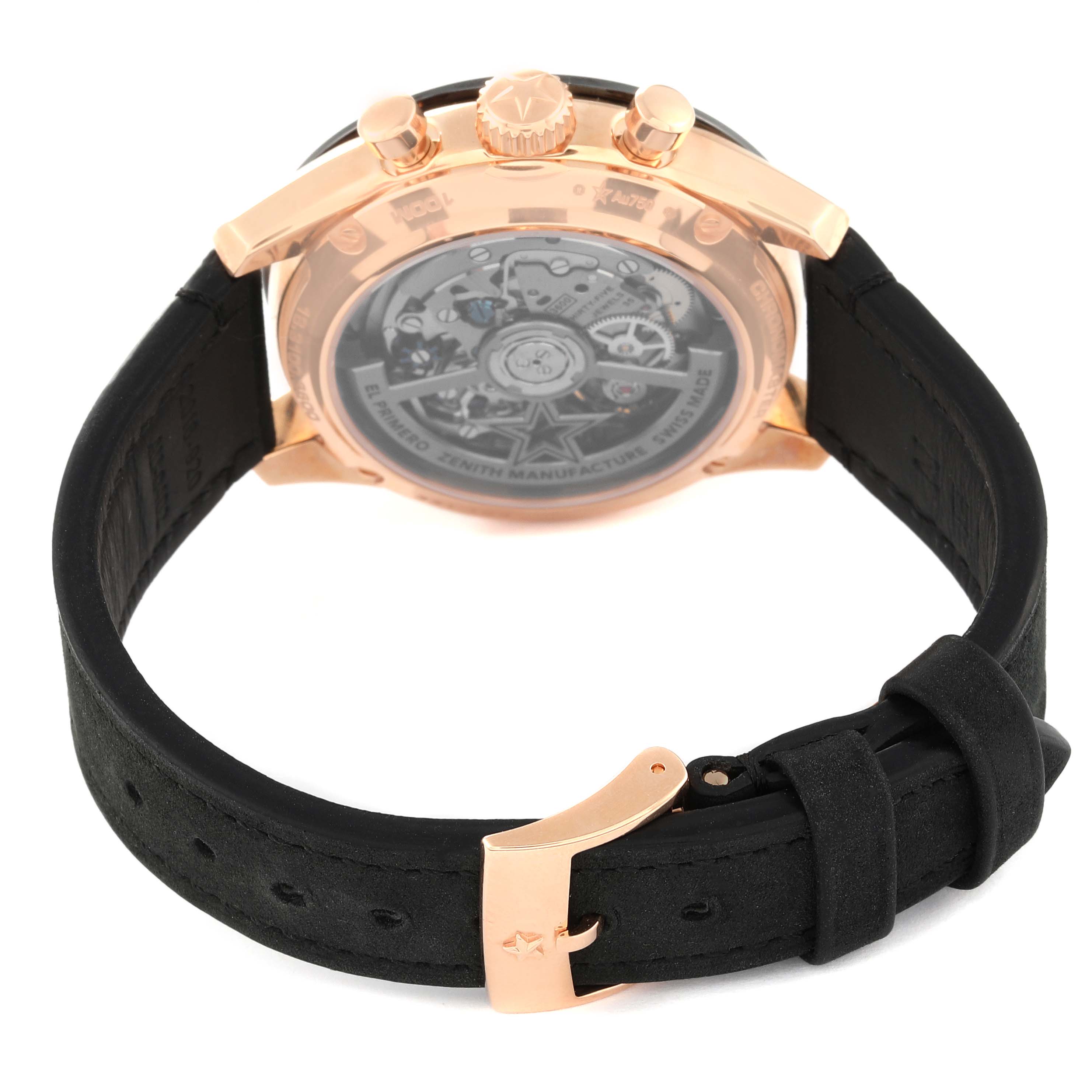 This image shows the back view of a Zenith Chronomaster 18.3100.3600/69.C920 Men's Rose Gold White Dial 18.3100.3600/69.C920 Men's Rose Gold White Dial watch, including the case, strap, buckle, and detailed movement.