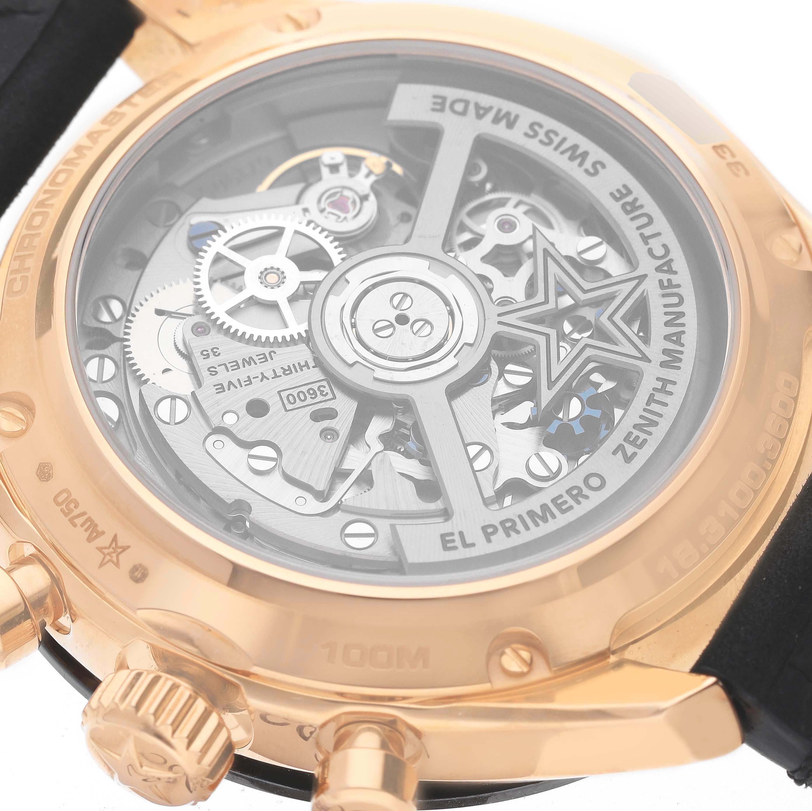 The image shows the back case of the Zenith Chronomaster 18.3100.3600/69.C920 Men's Rose Gold White Dial 18.3100.3600/69.C920 Men's Rose Gold White Dial watch, revealing its intricate inner mechanisms and engraving details.