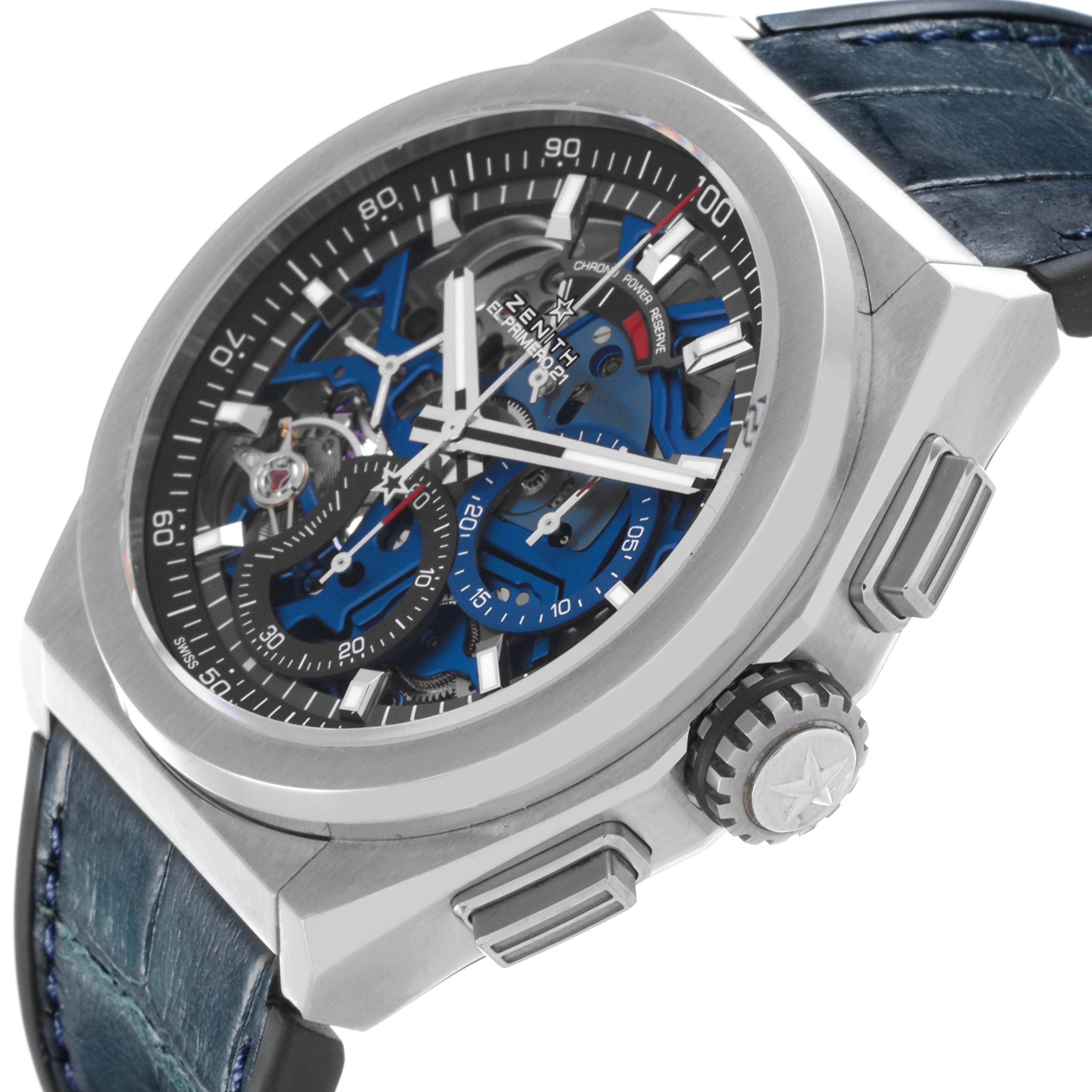 The Zenith El Primero 95.9002.9004/78.R584 Men
s Titanium Transparent Dial 95.9002.9004/78.R584 Men
s Titanium Transparent Dial watch is shown from a slight side angle, highlighting the dial, crown, pushers, and leather strap.