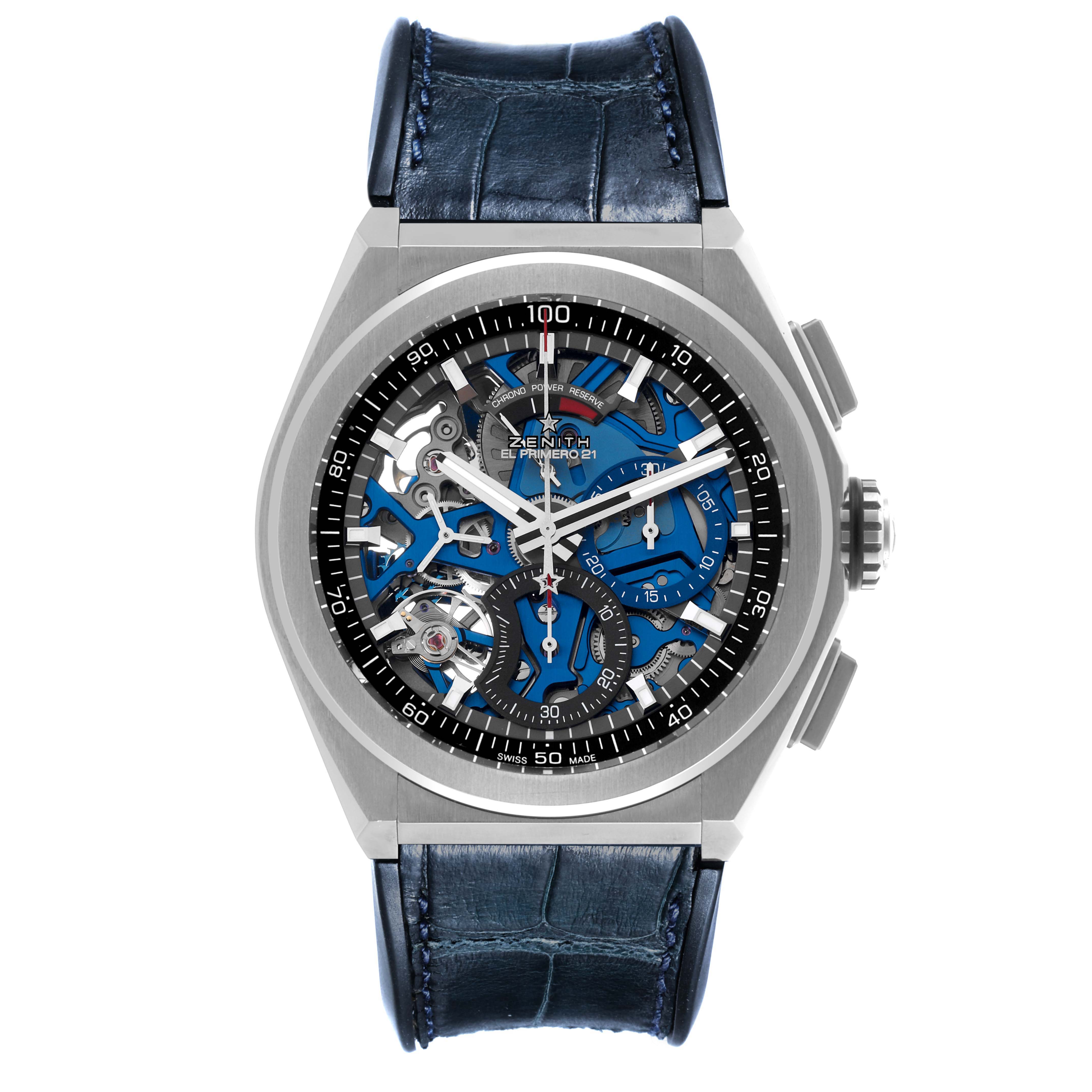 The Zenith El Primero 95.9002.9004/78.R584 Men
s Titanium Transparent Dial 95.9002.9004/78.R584 Men
s Titanium Transparent Dial watch is shown from the front, displaying its intricate dial and blue leather strap.