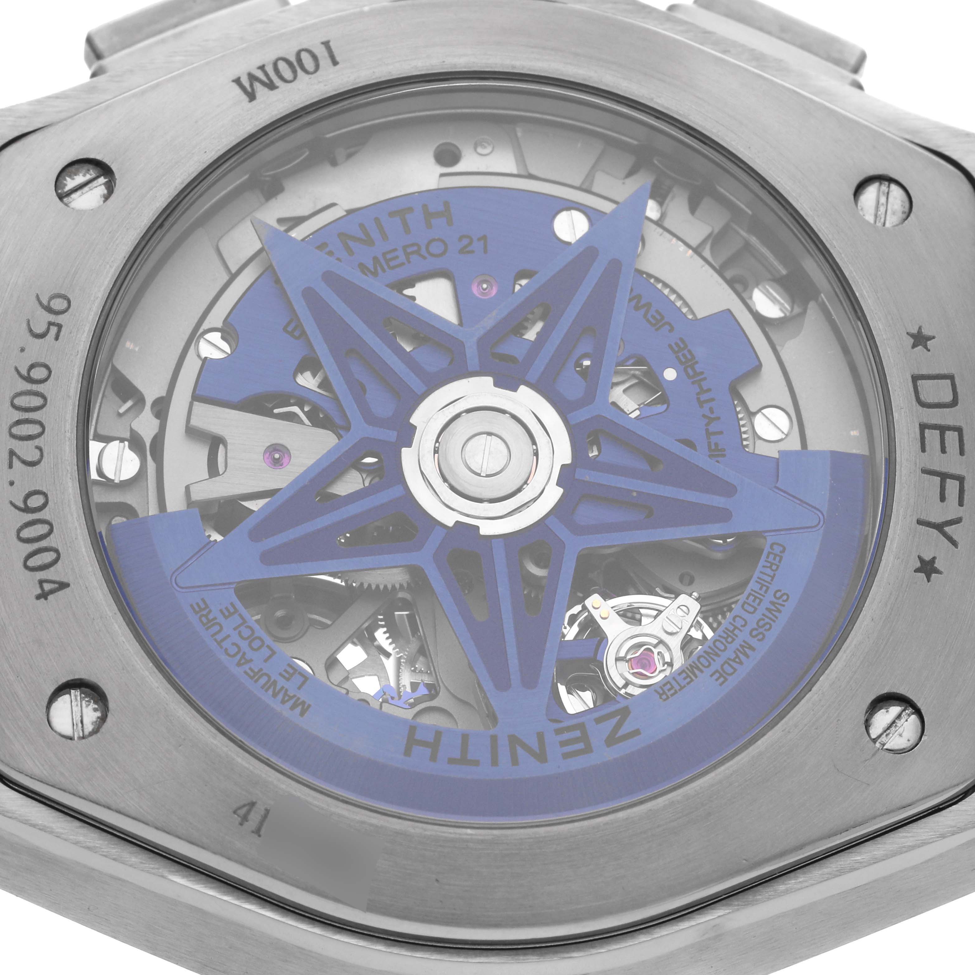 The image shows the back of the Zenith El Primero 95.9002.9004/78.R584 Men
s Titanium Transparent Dial 95.9002.9004/78.R584 Men
s Titanium Transparent Dial watch, highlighting the movement and rotor in a close-up view.