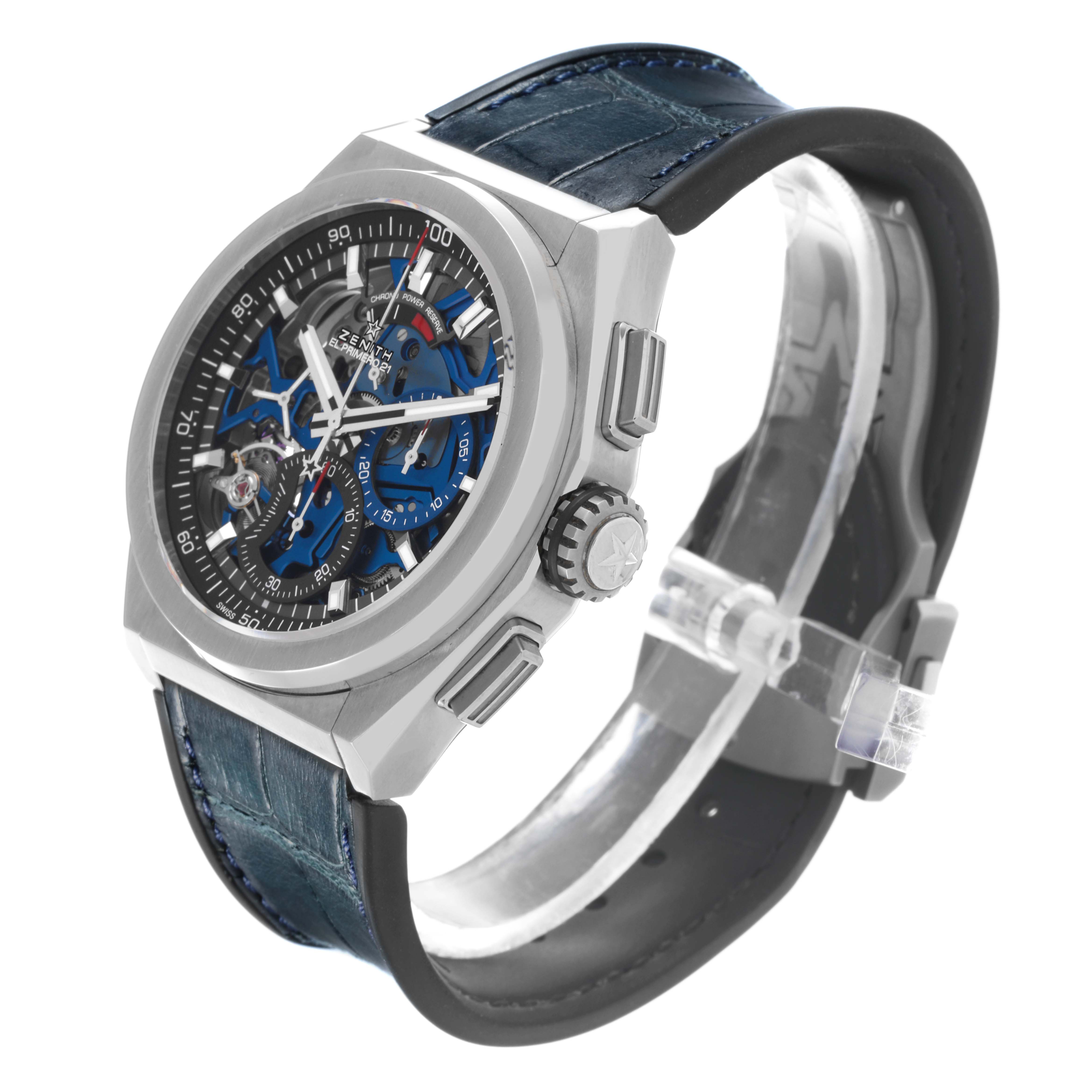 The Zenith El Primero 95.9002.9004/78.R584 Men
s Titanium Transparent Dial 95.9002.9004/78.R584 Men
s Titanium Transparent Dial watch is shown from an angled side view highlighting the face, crown, and strap.