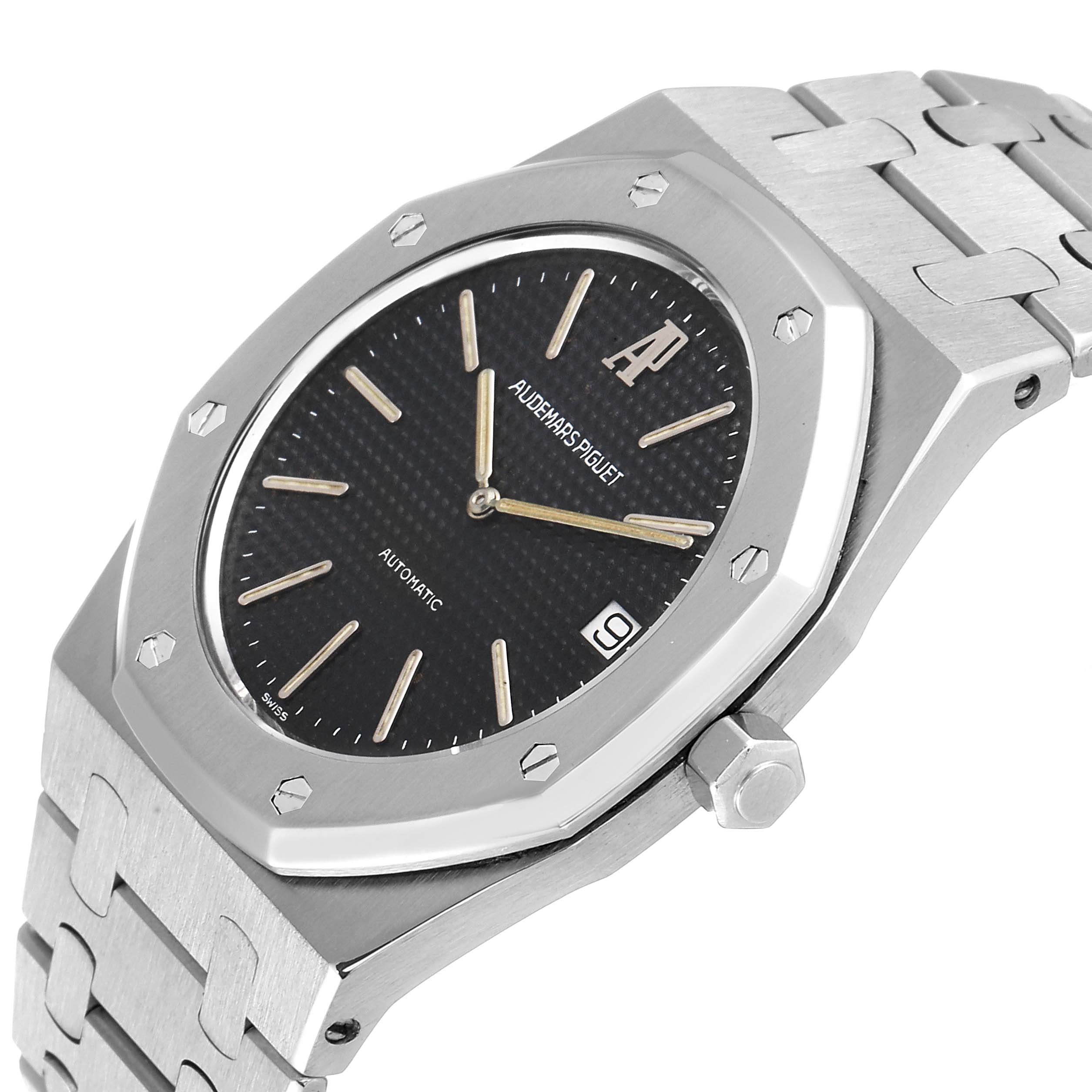 This image shows a close-up angle of the Audemars Piguet Royal Oak 5402ST Men's Stainless Steel Black Dial 5402ST Men's Stainless Steel Black Dial's face, bezel, crown, and part of the stainless steel bracelet.